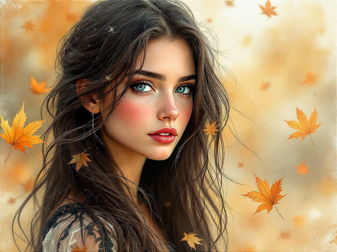 Autumn Portrait of a Young Woman with Blue Eyes