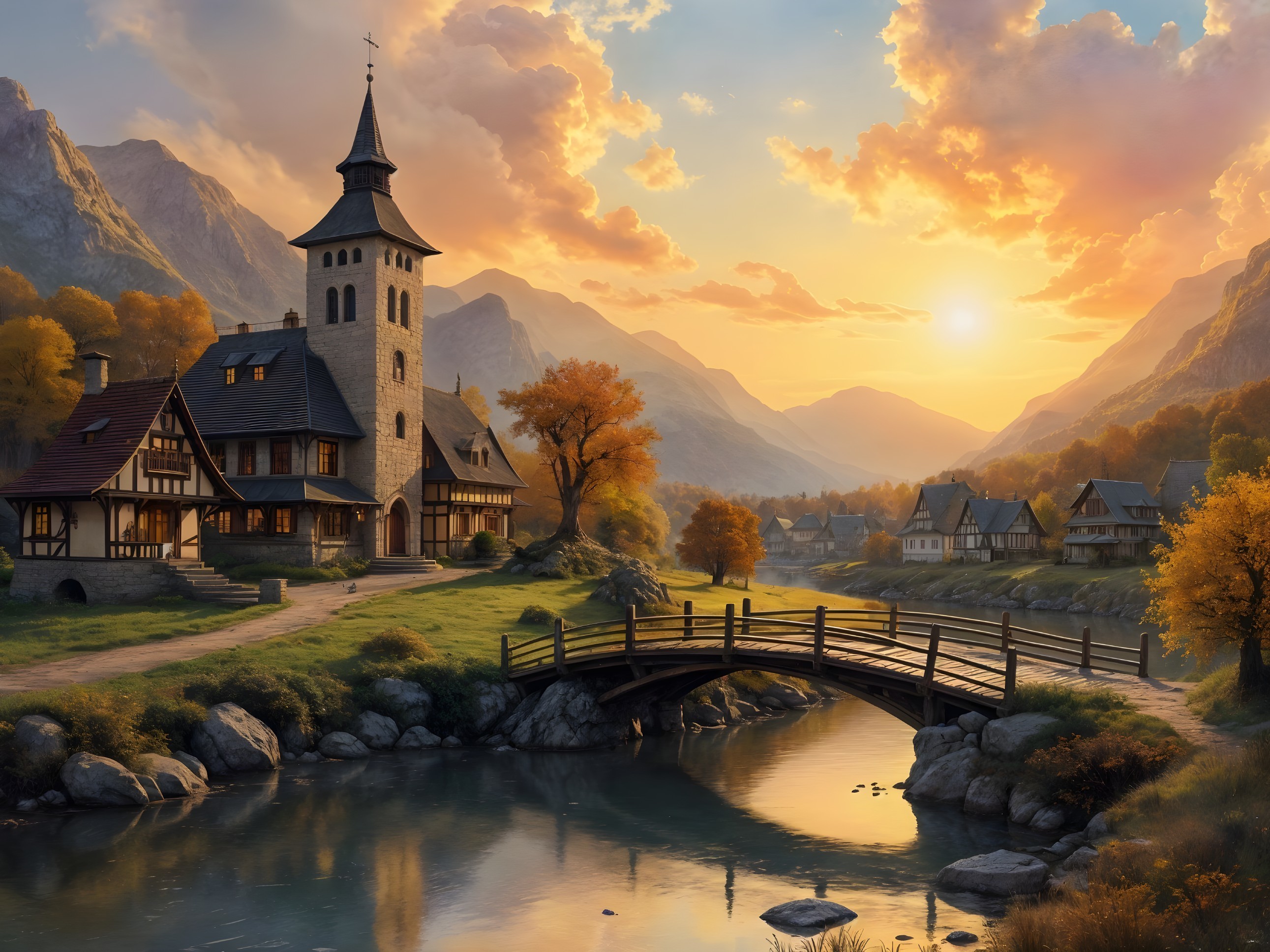 Serene Village Landscape by Tranquil River at Sunset