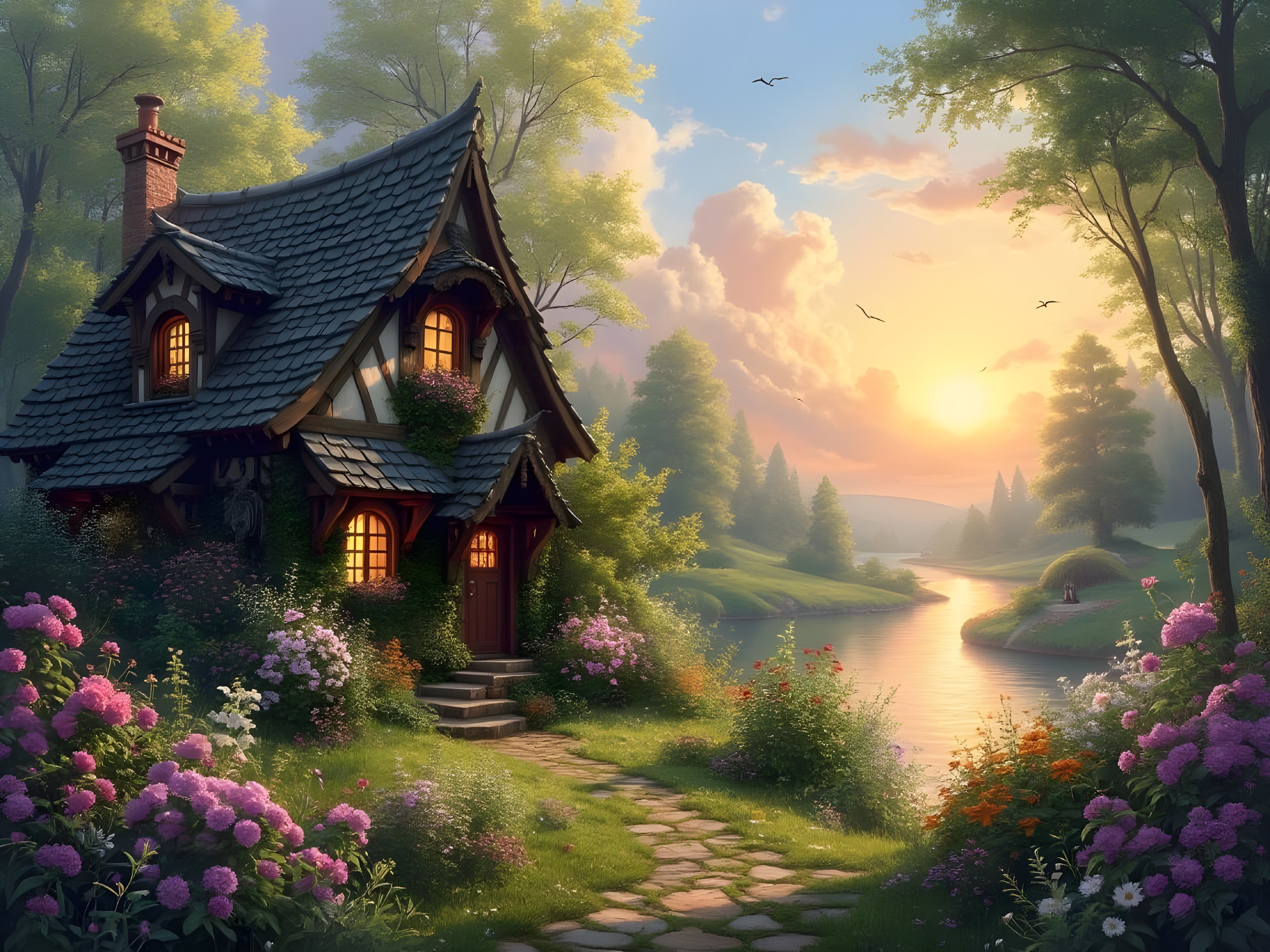 Charming Cottage Surrounded by Lush Greenery and Flowers