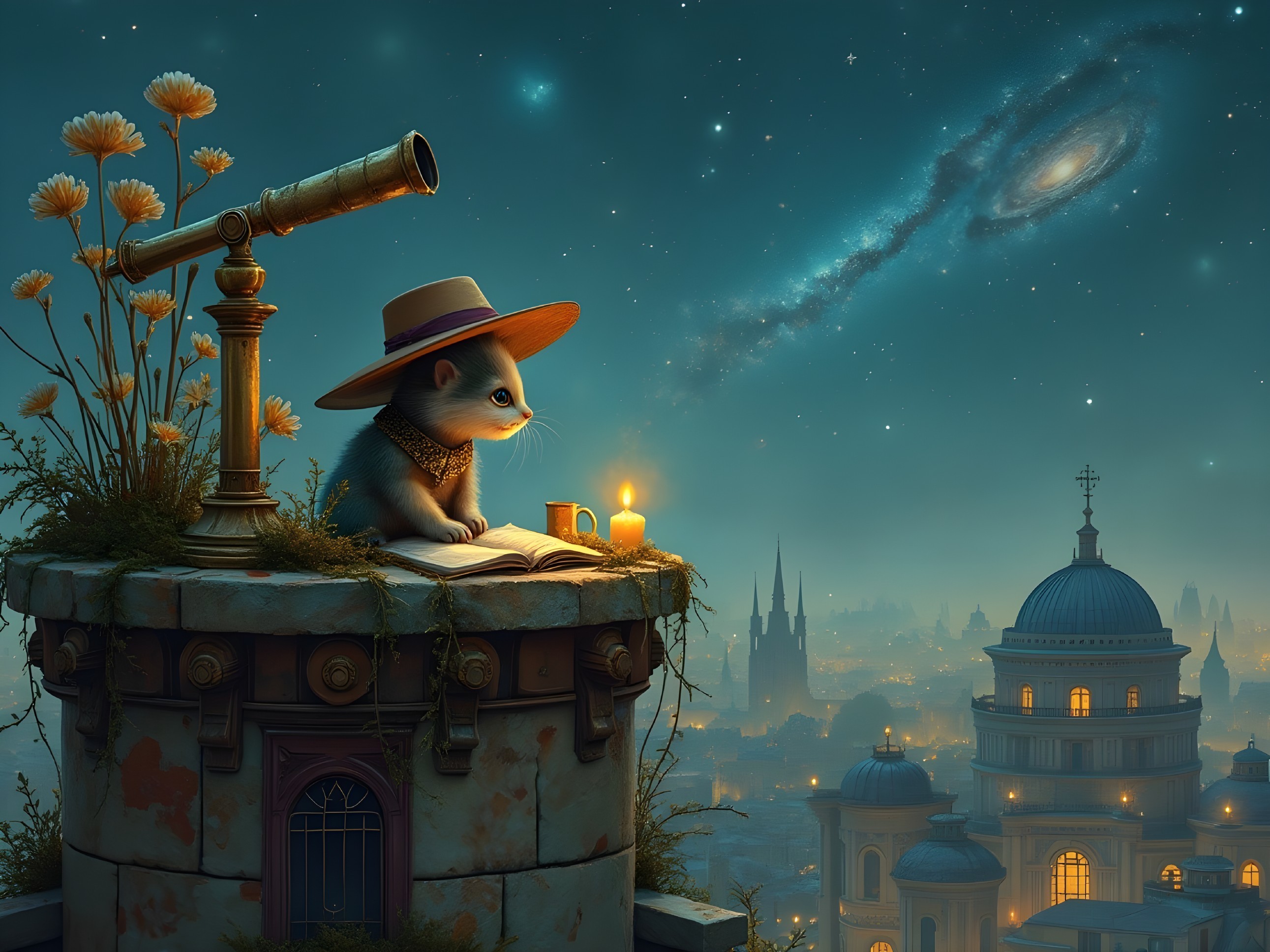Charming Cat Reading Under Starry Night Sky