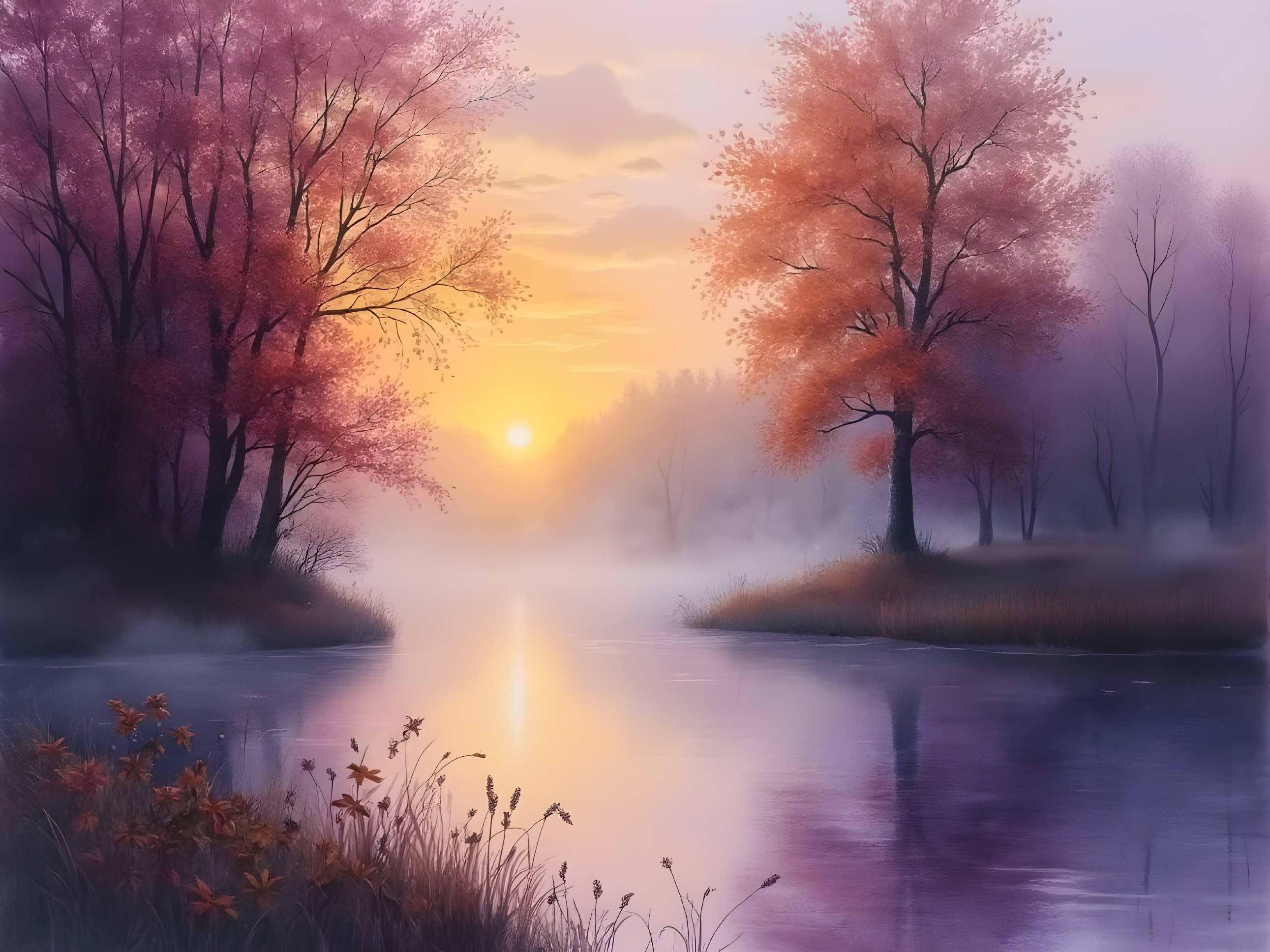 Serene Dawn Landscape with Reflective Waters and Trees