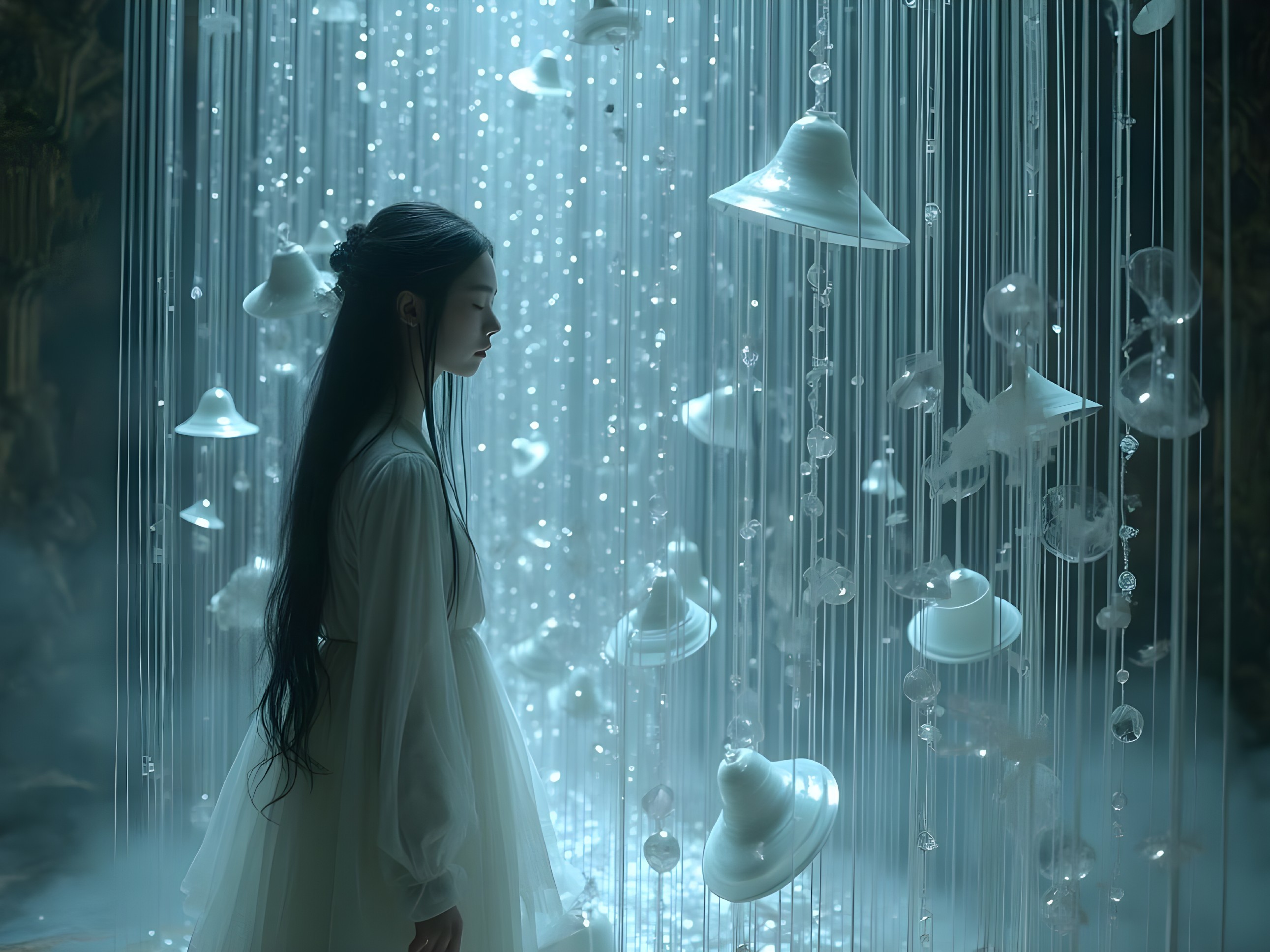 Young Woman in Ethereal Setting with Translucent Orbs