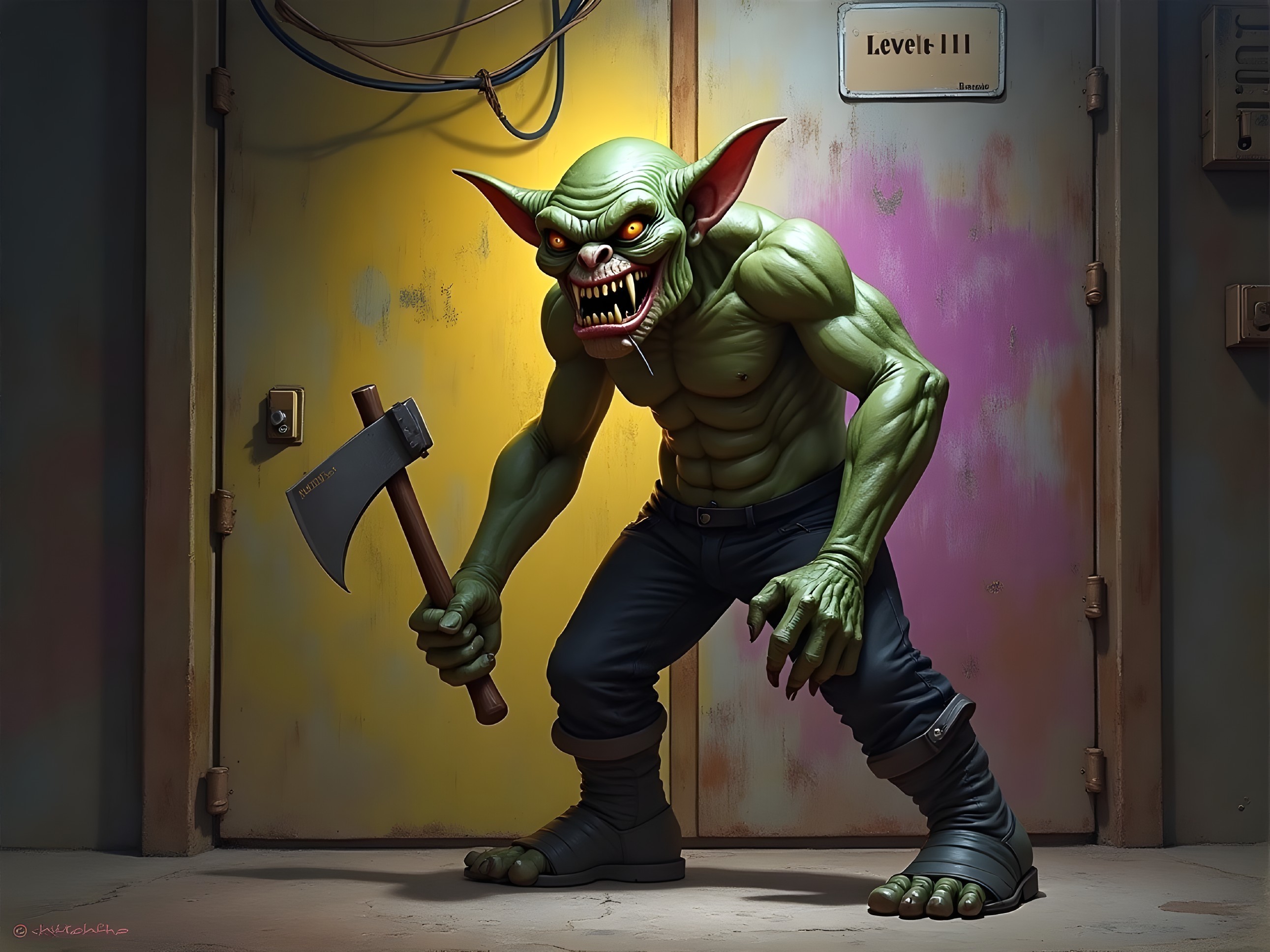 Muscular Green Goblin with Axe in Ominous Setting
