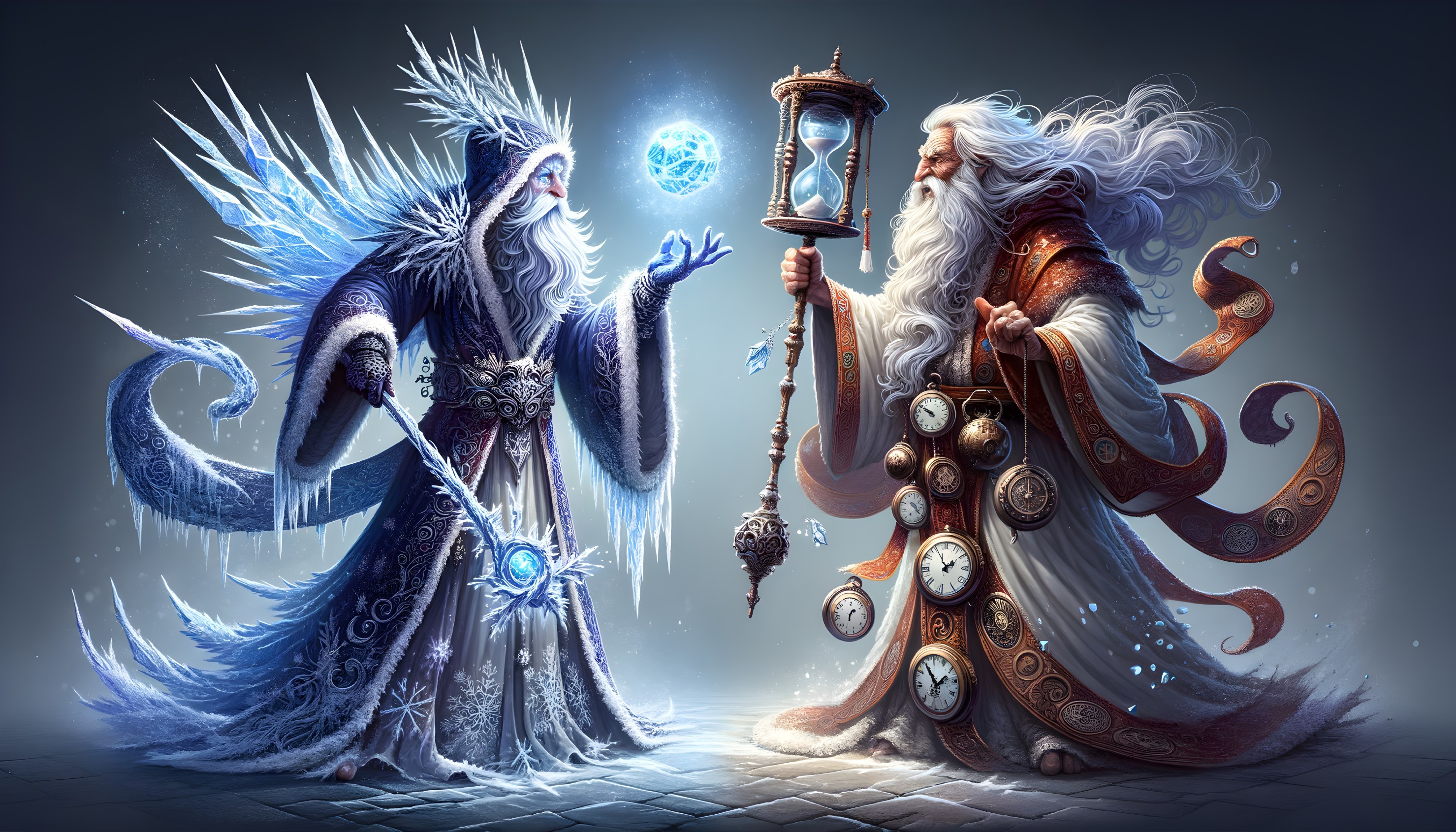 Ethereal beings with icy and clock motifs wield staffs in twilight.