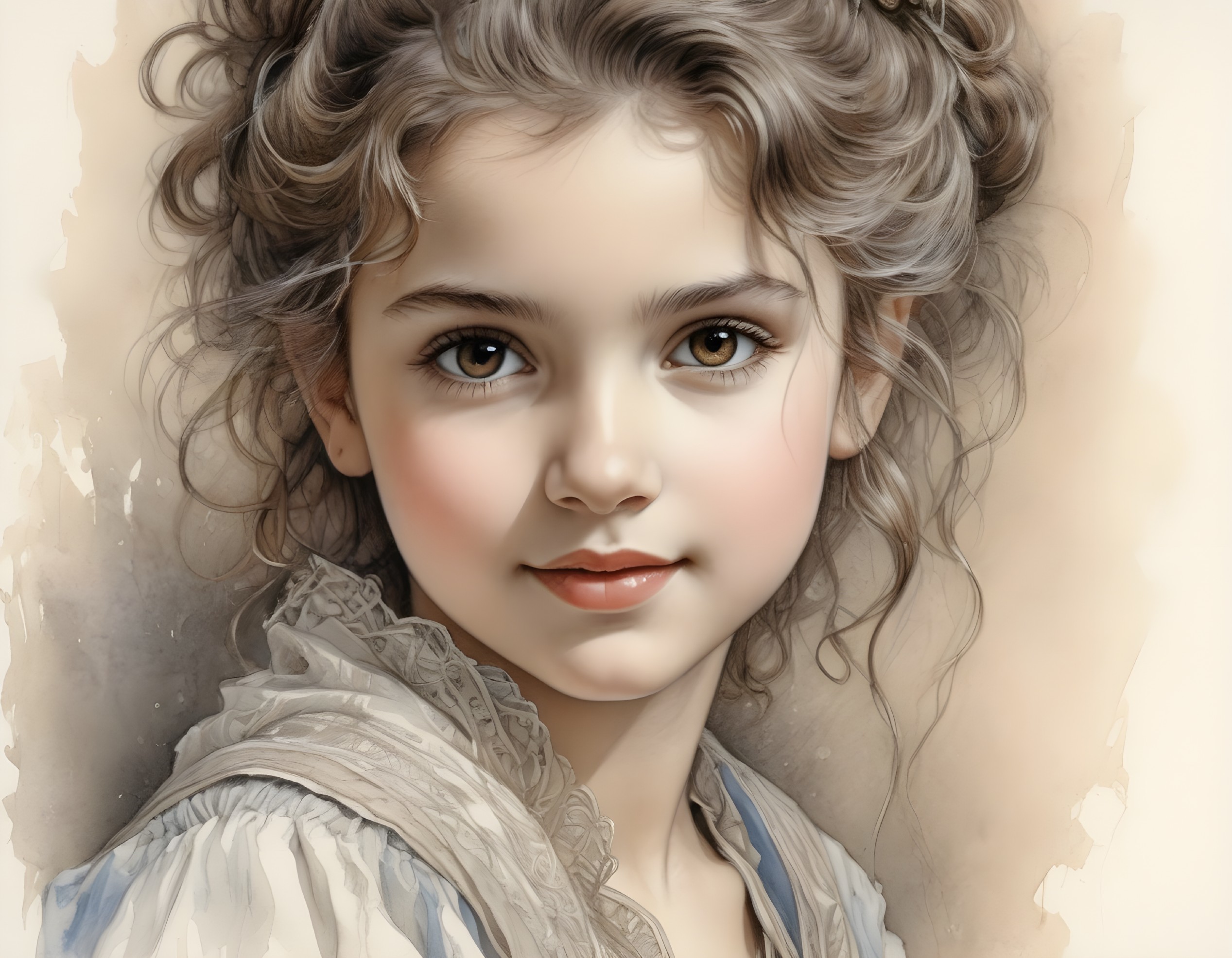 Digital Portrait of a Young Girl with Curly Hair