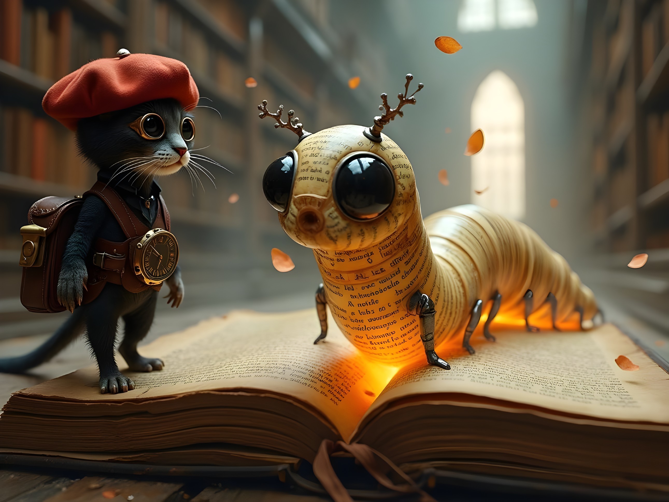 Curious Cat and Caterpillar in Whimsical Library Scene