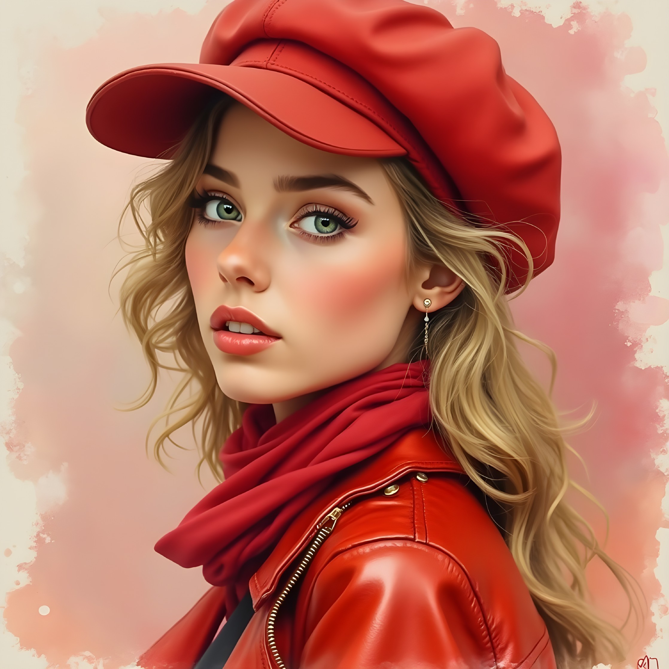 Young woman in red cap and leather jacket portrait