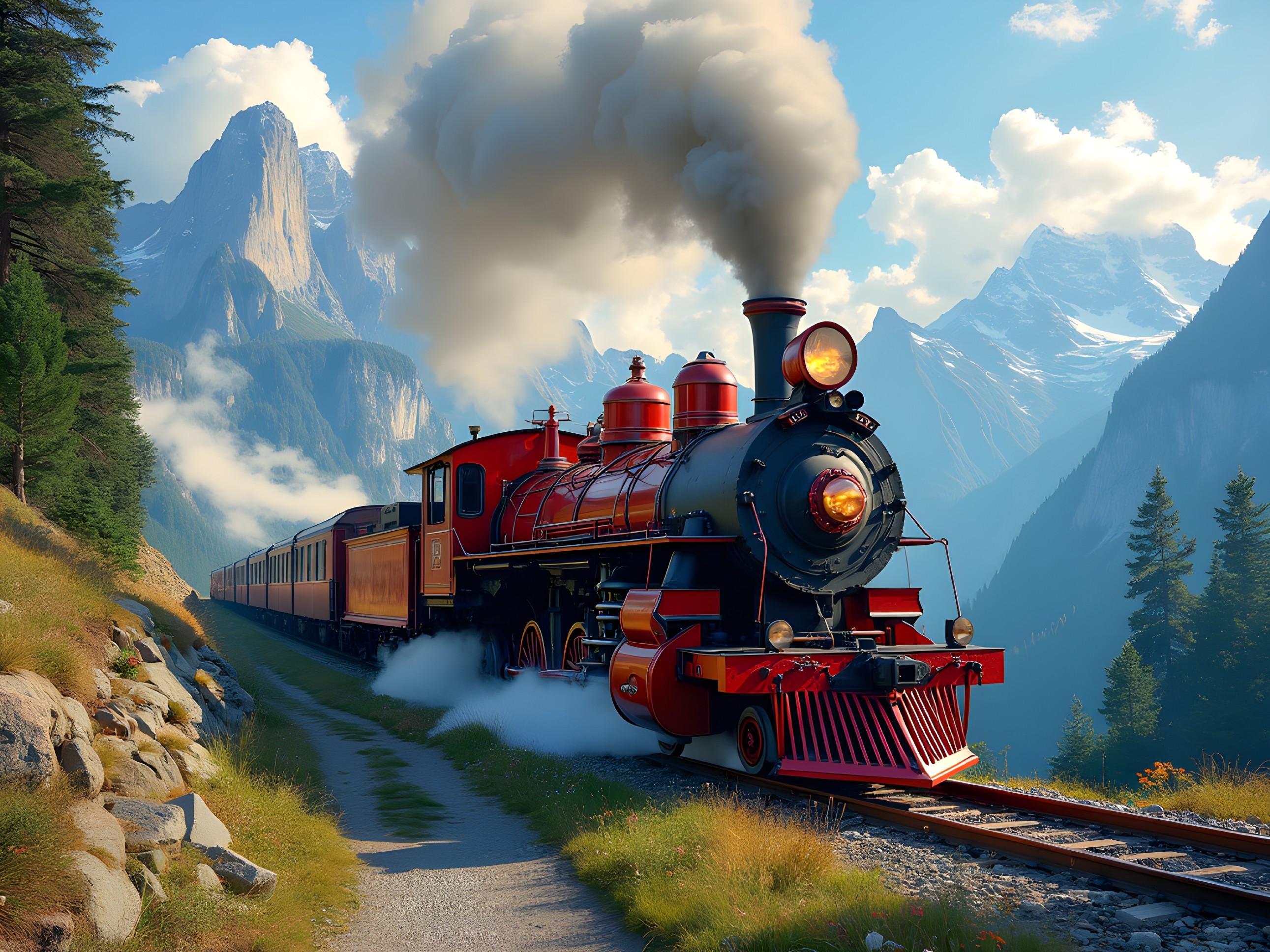 Classic Steam Locomotive on Mountain Track Scene