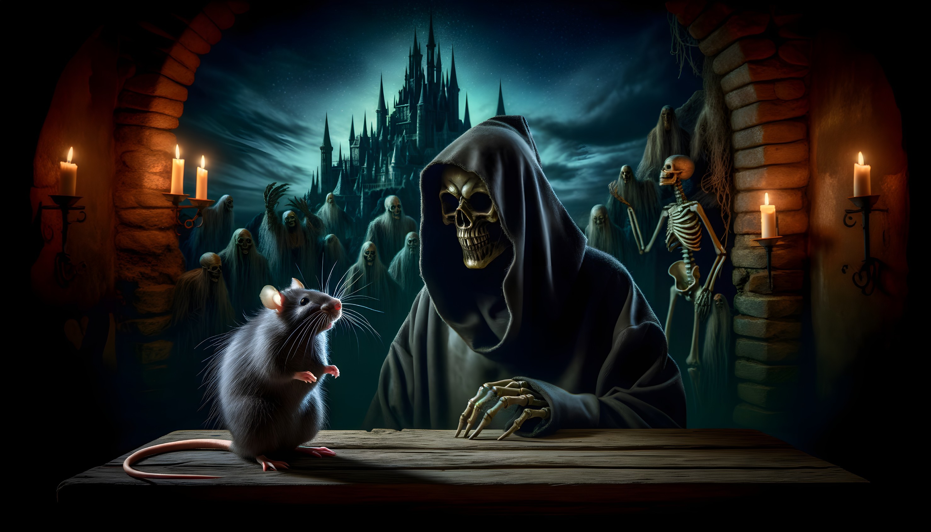 Cloaked skeleton at table with rat in eerie setting