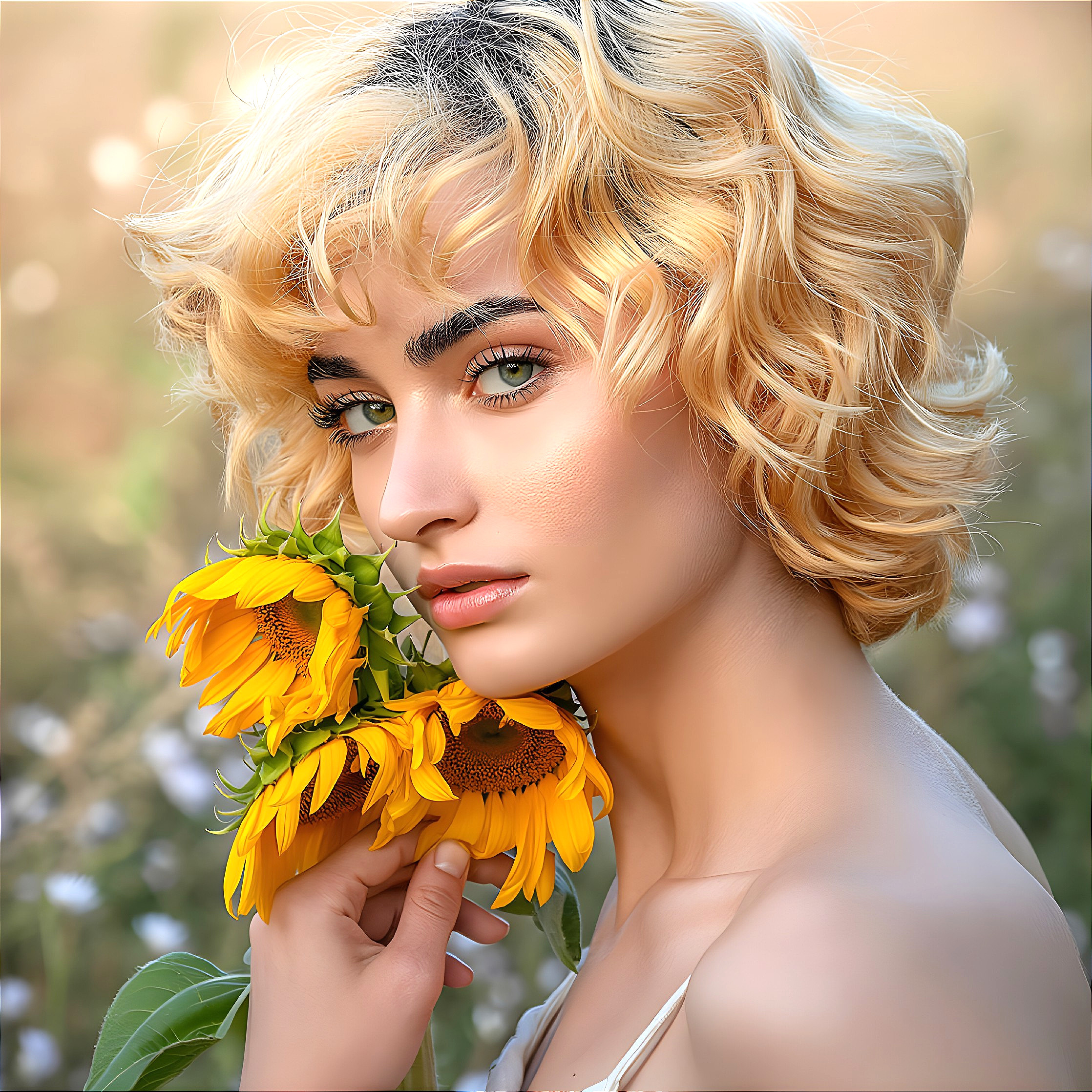 Portrait of a Young Woman with Sunflowers and Green Eyes