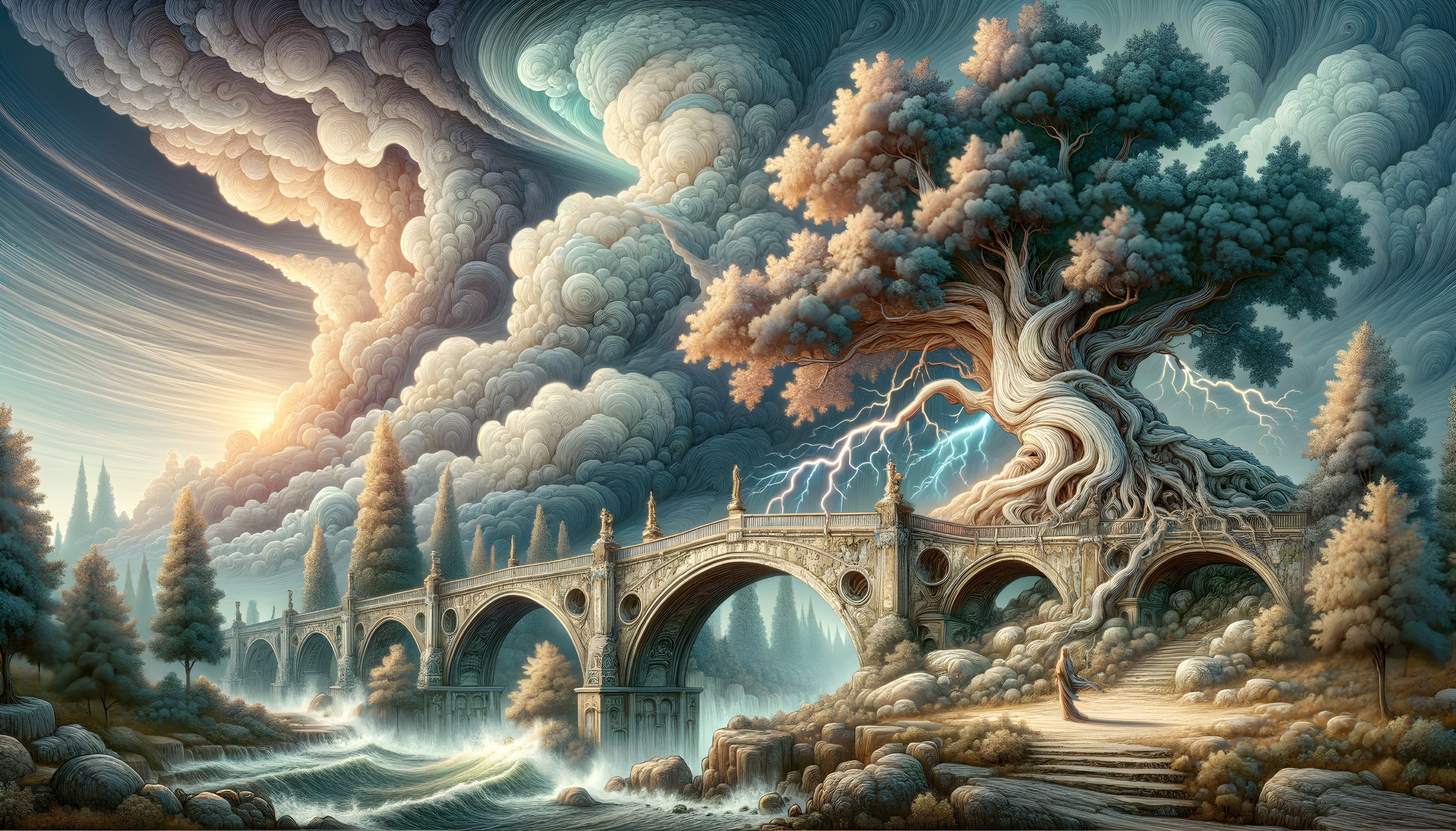 Majestic tree and ornate bridge in fantasy landscape