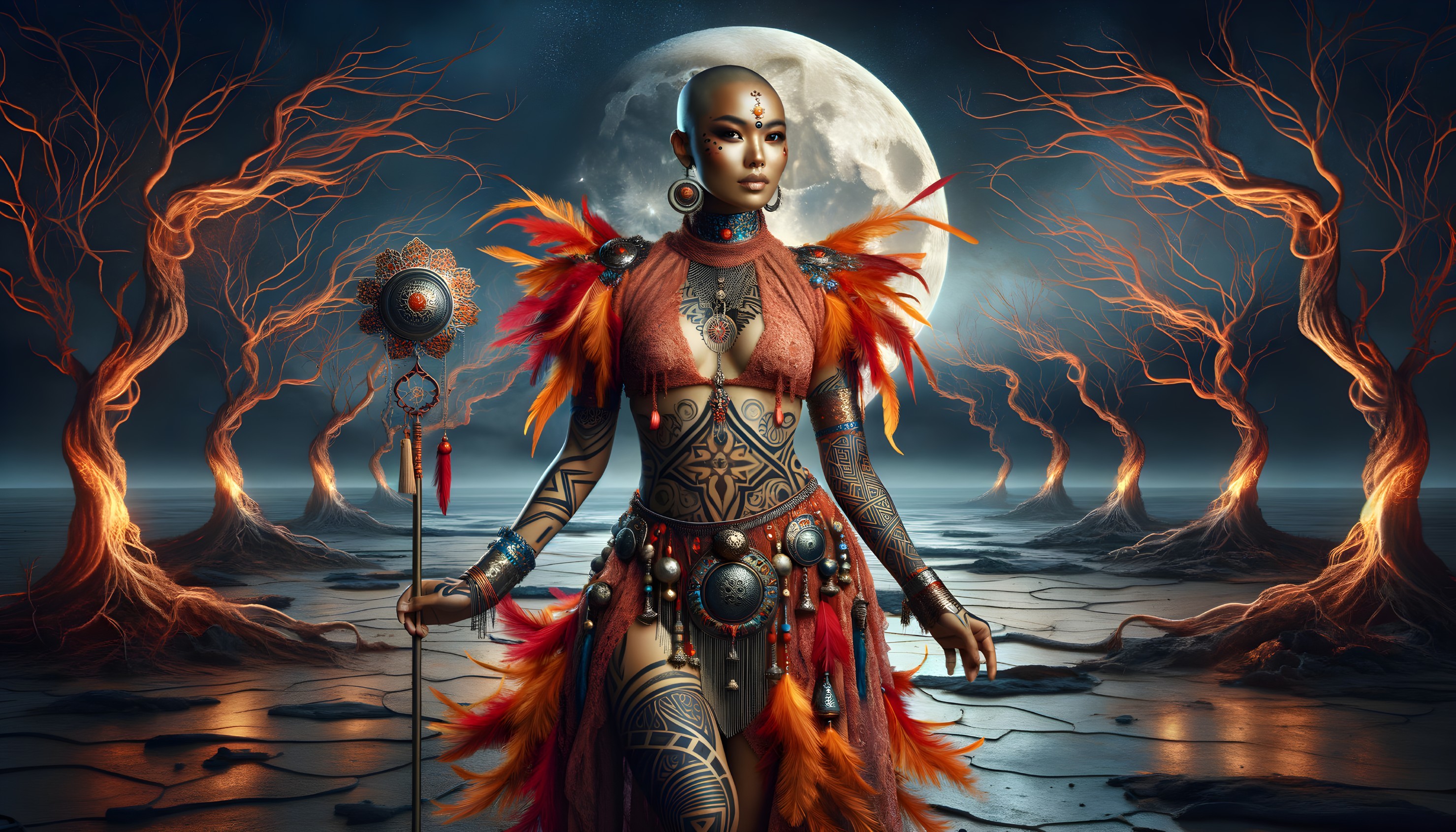 Mystical Figure in Feathered Attire in Enchanted Landscape