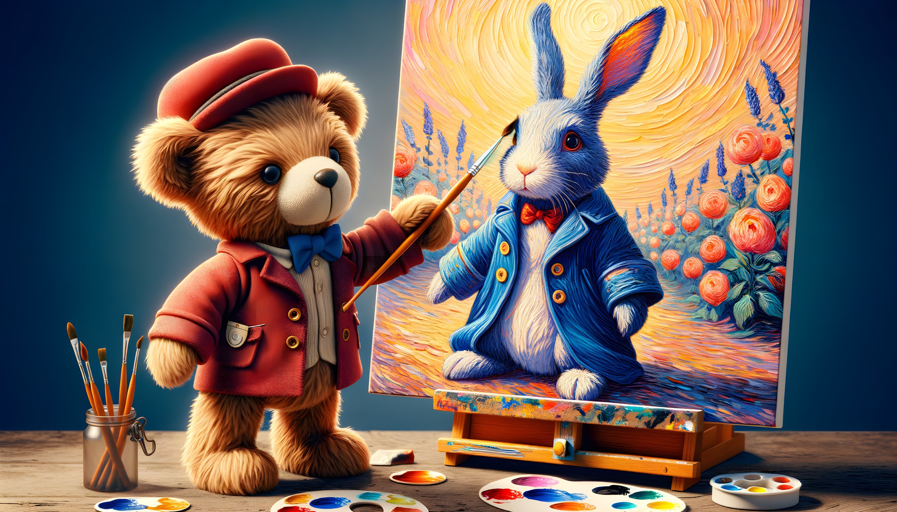 Plush teddy bear painting blue rabbit in suit among flowers