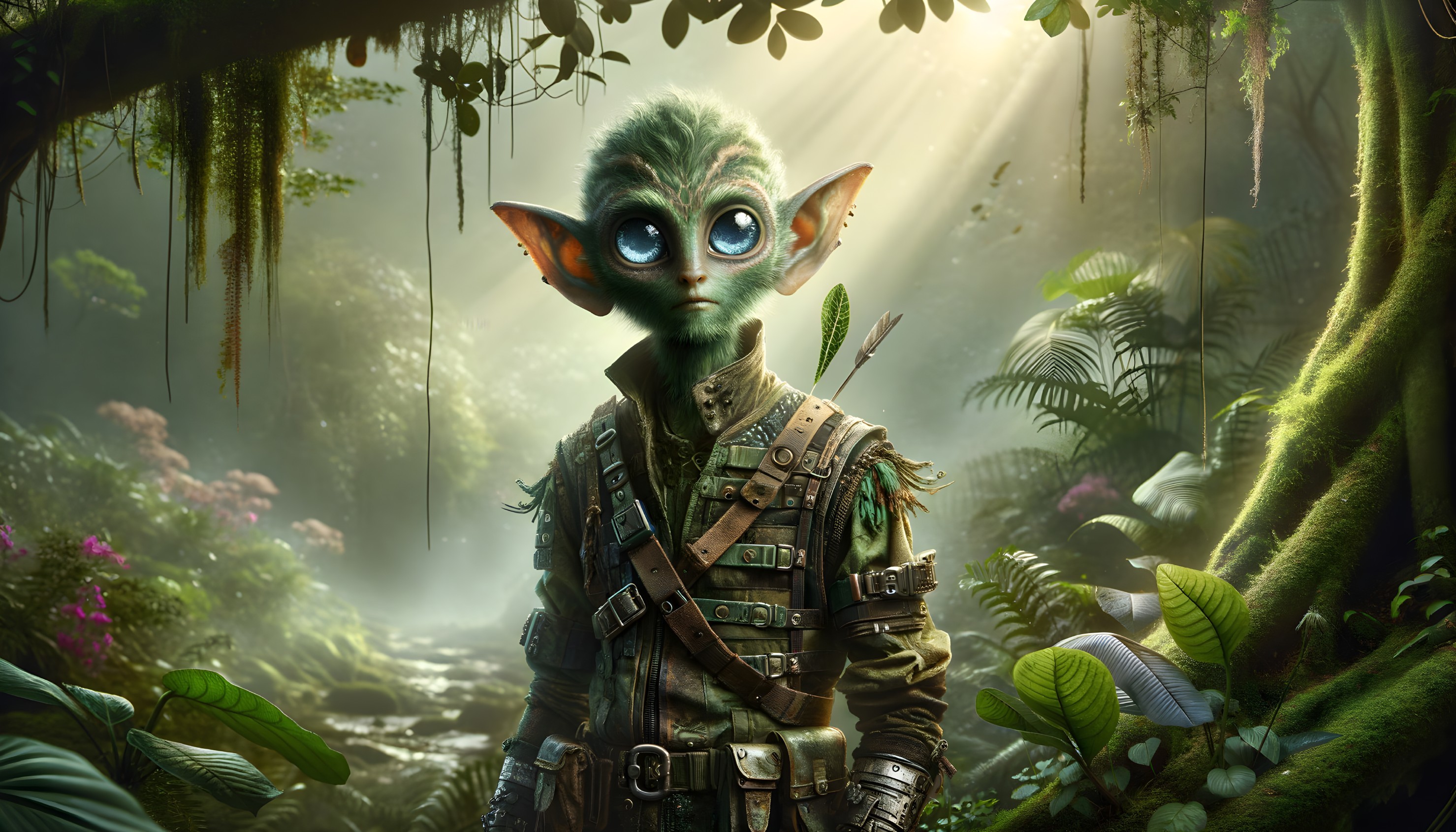 Mystical Jungle Creature with Blue Eyes and Nature Outfit
