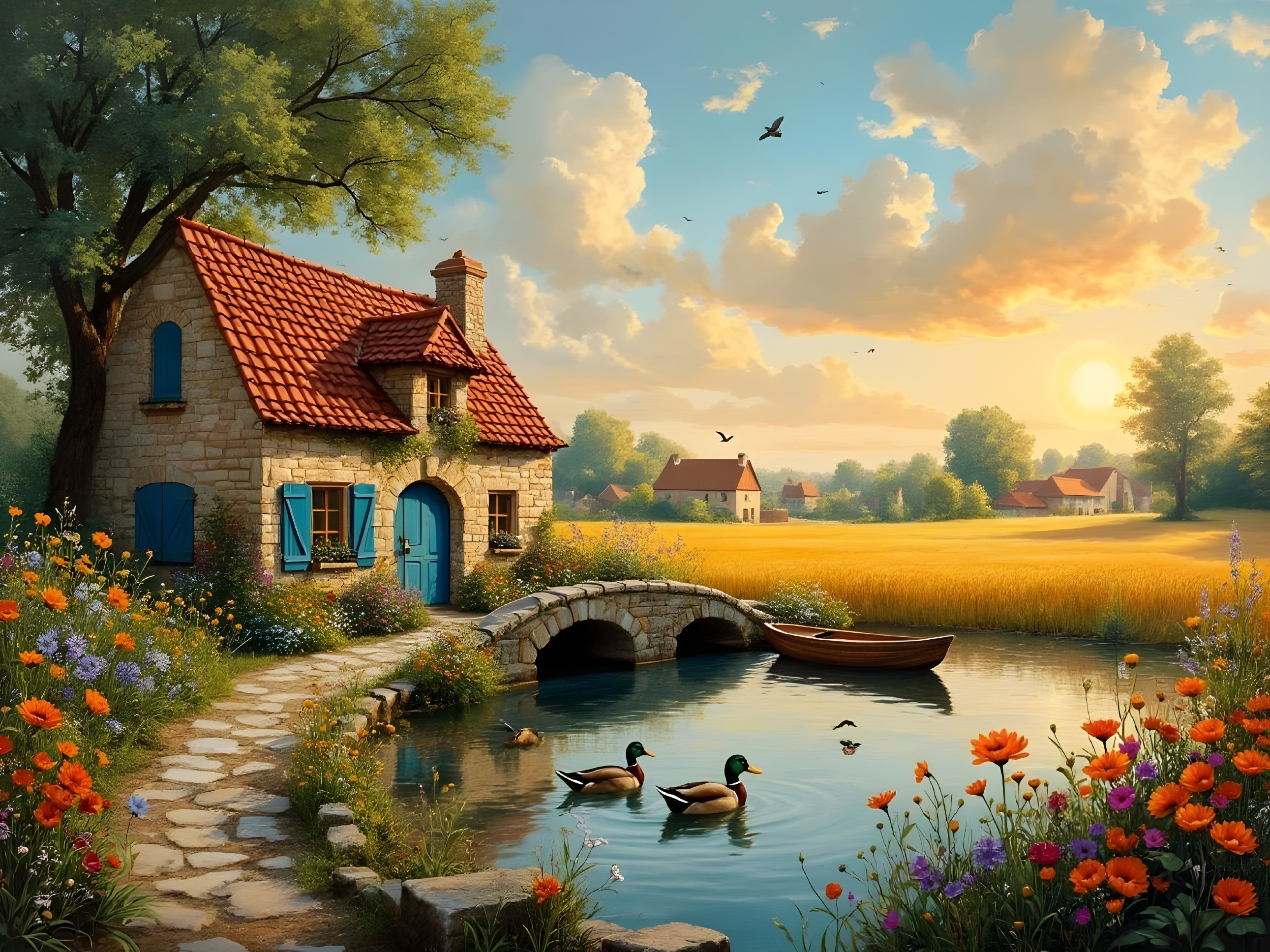 Stone Cottage by Pond with Flowers and Bridge