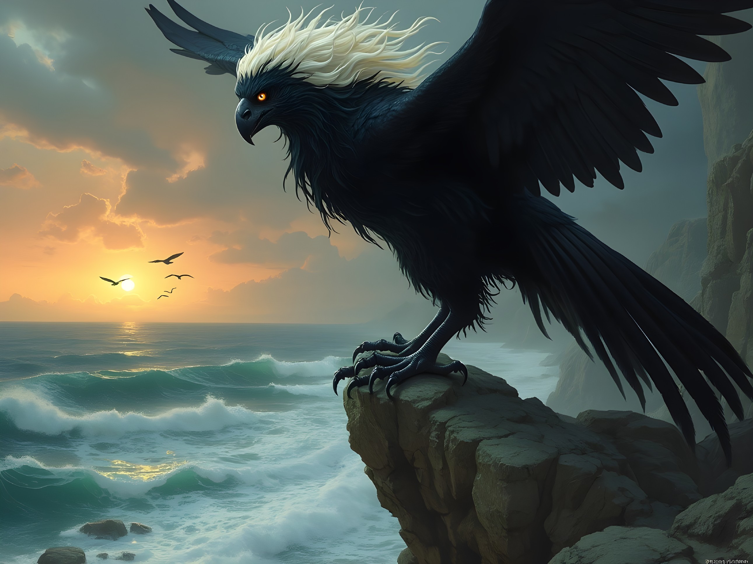 Majestic creature on cliff with avian and feline traits