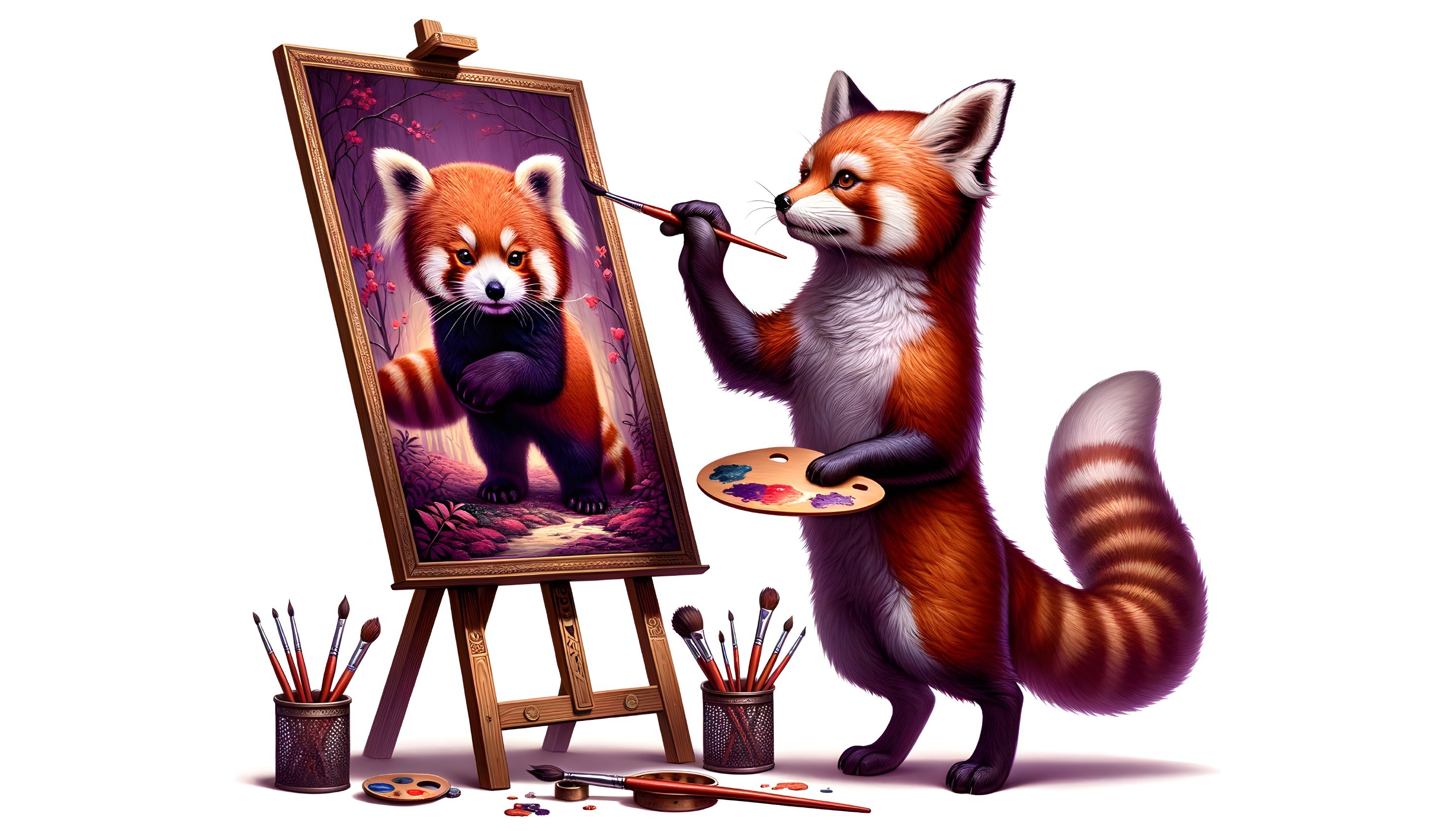 Anthropomorphic fox painting portrait of red panda on easel