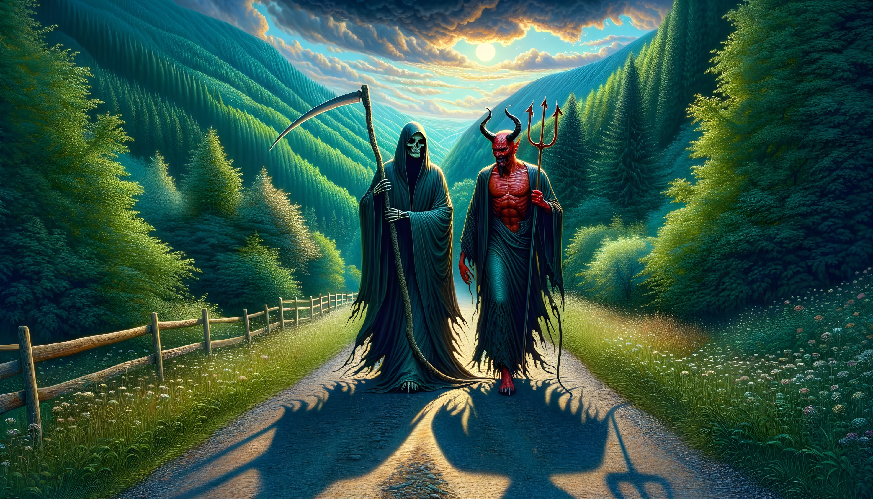 Skeletal Figure and Demon in Surreal Landscape