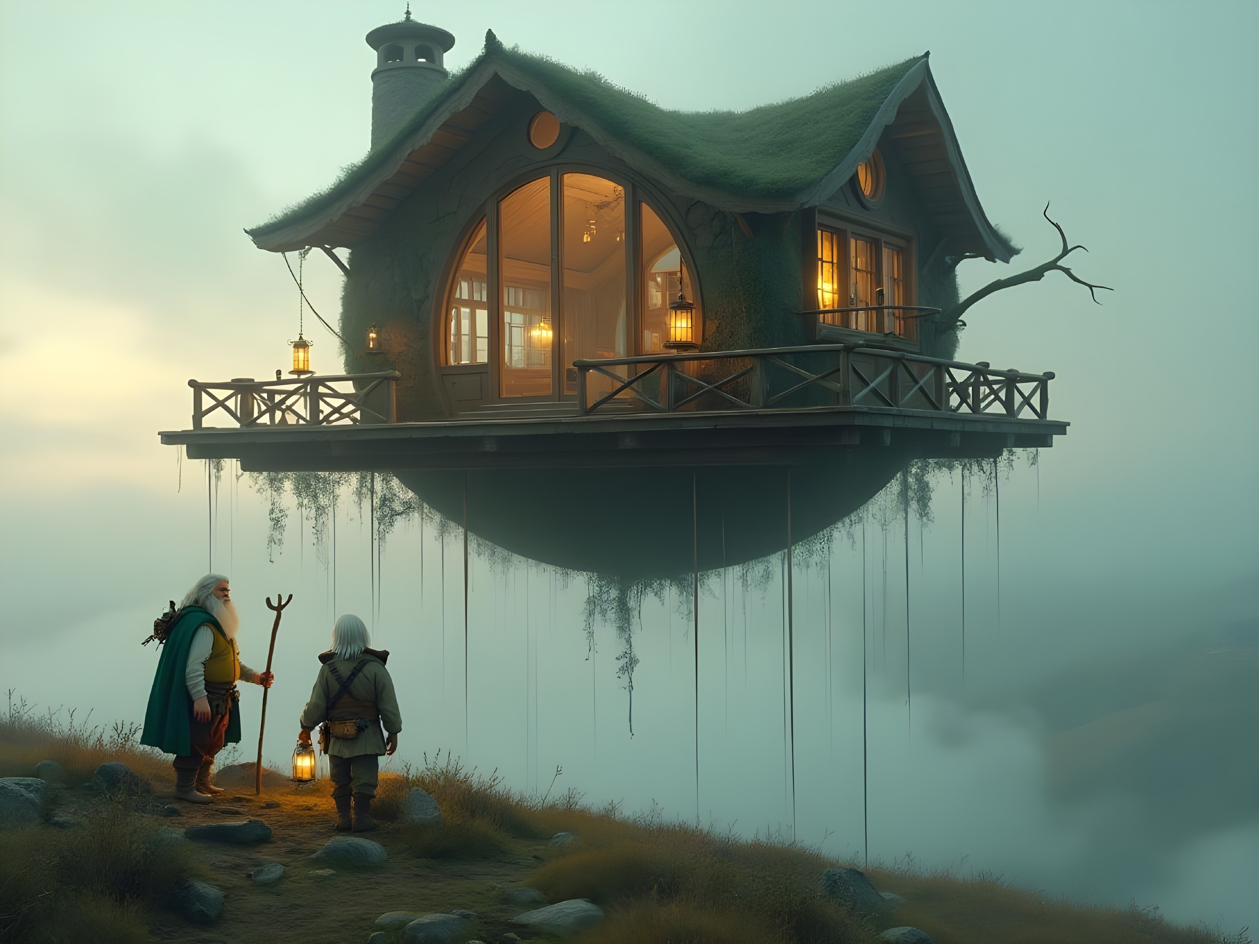 Floating Cottage in Mystical Foggy Landscape