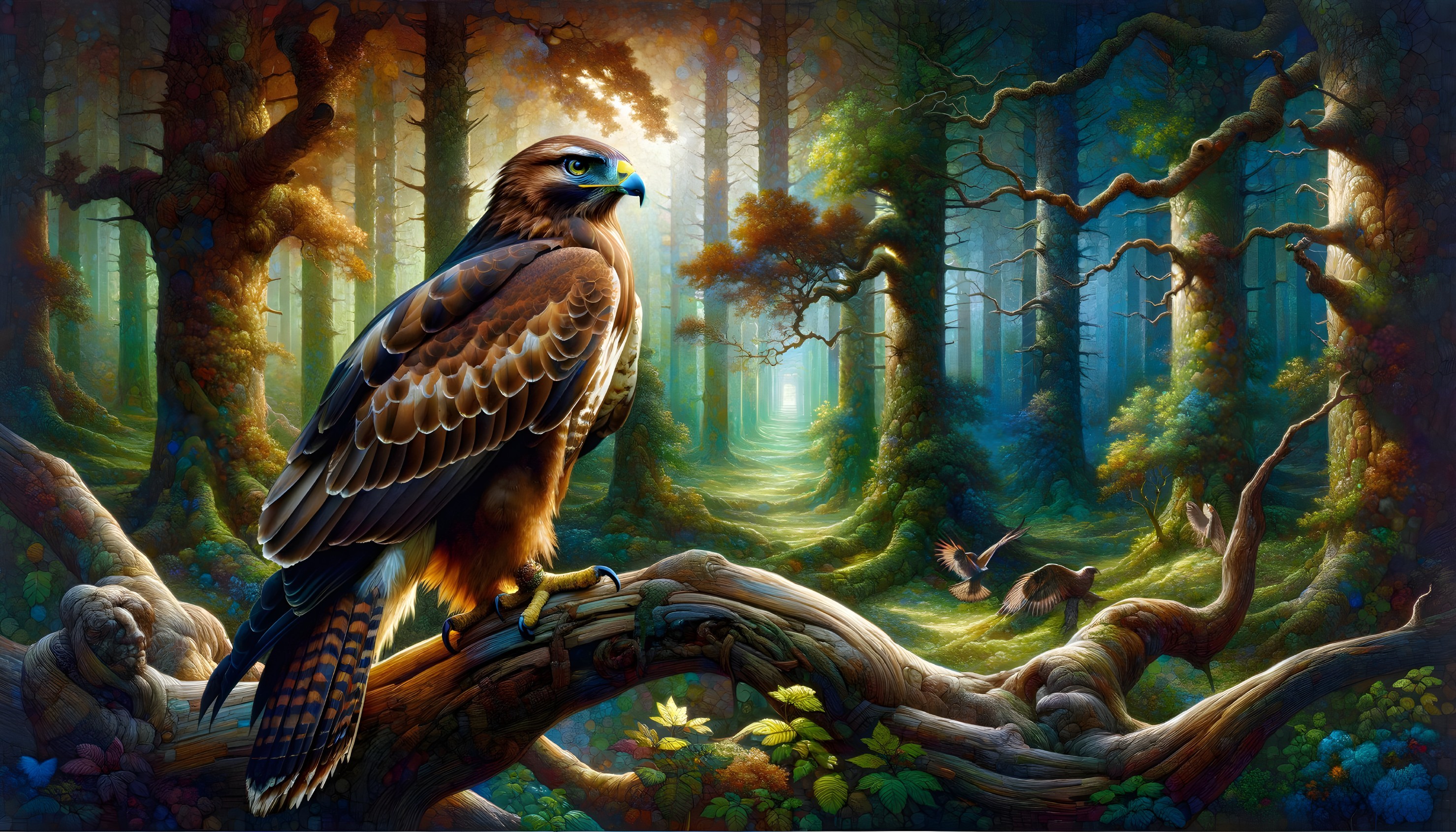 Hawk Observing a Vibrant Enchanted Forest Scene