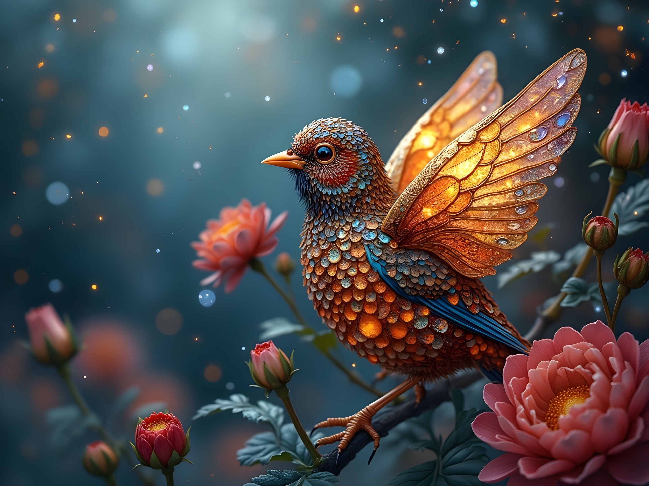 Vibrant bird with iridescent feathers on peony branch