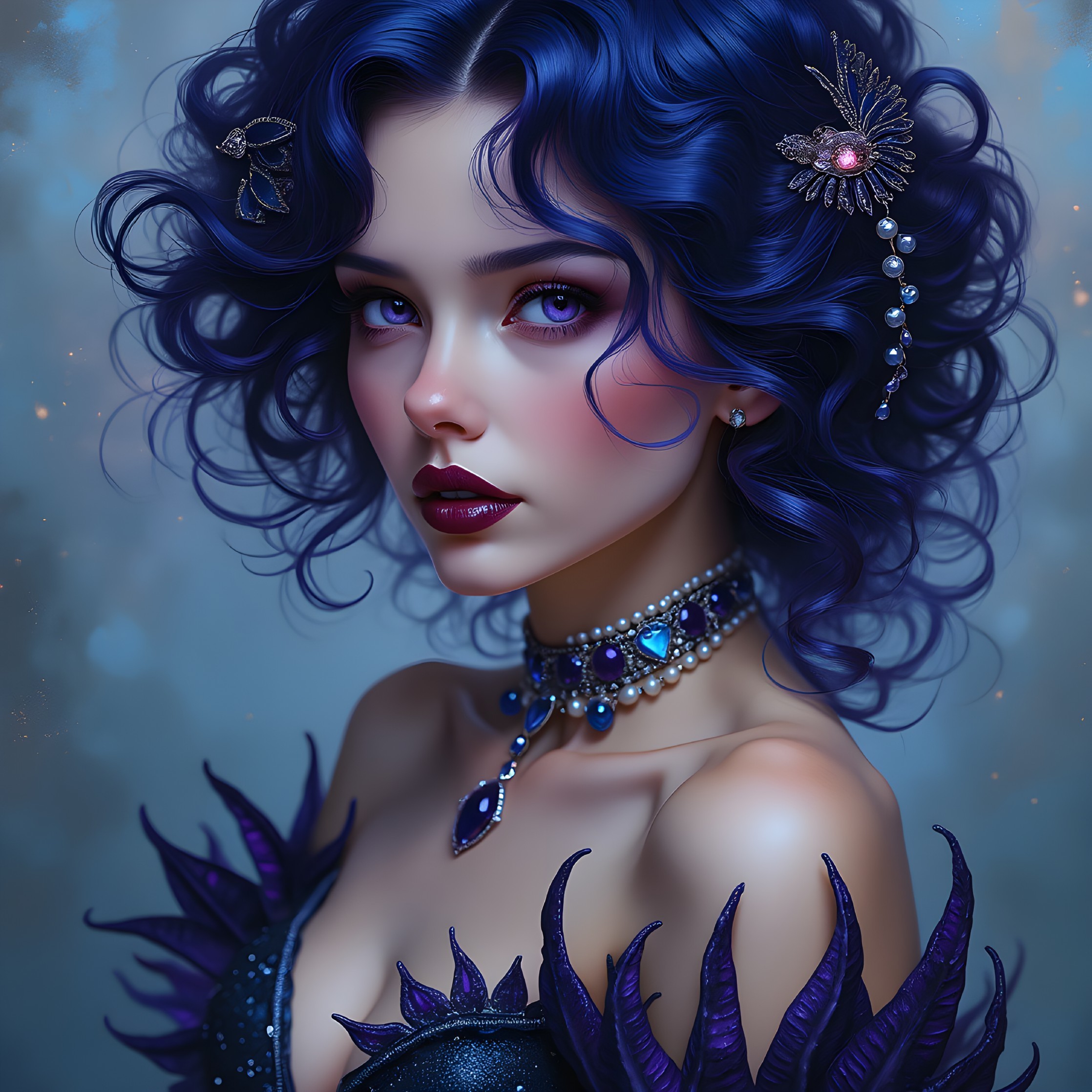 Portrait of a Young Woman with Blue Curly Hair