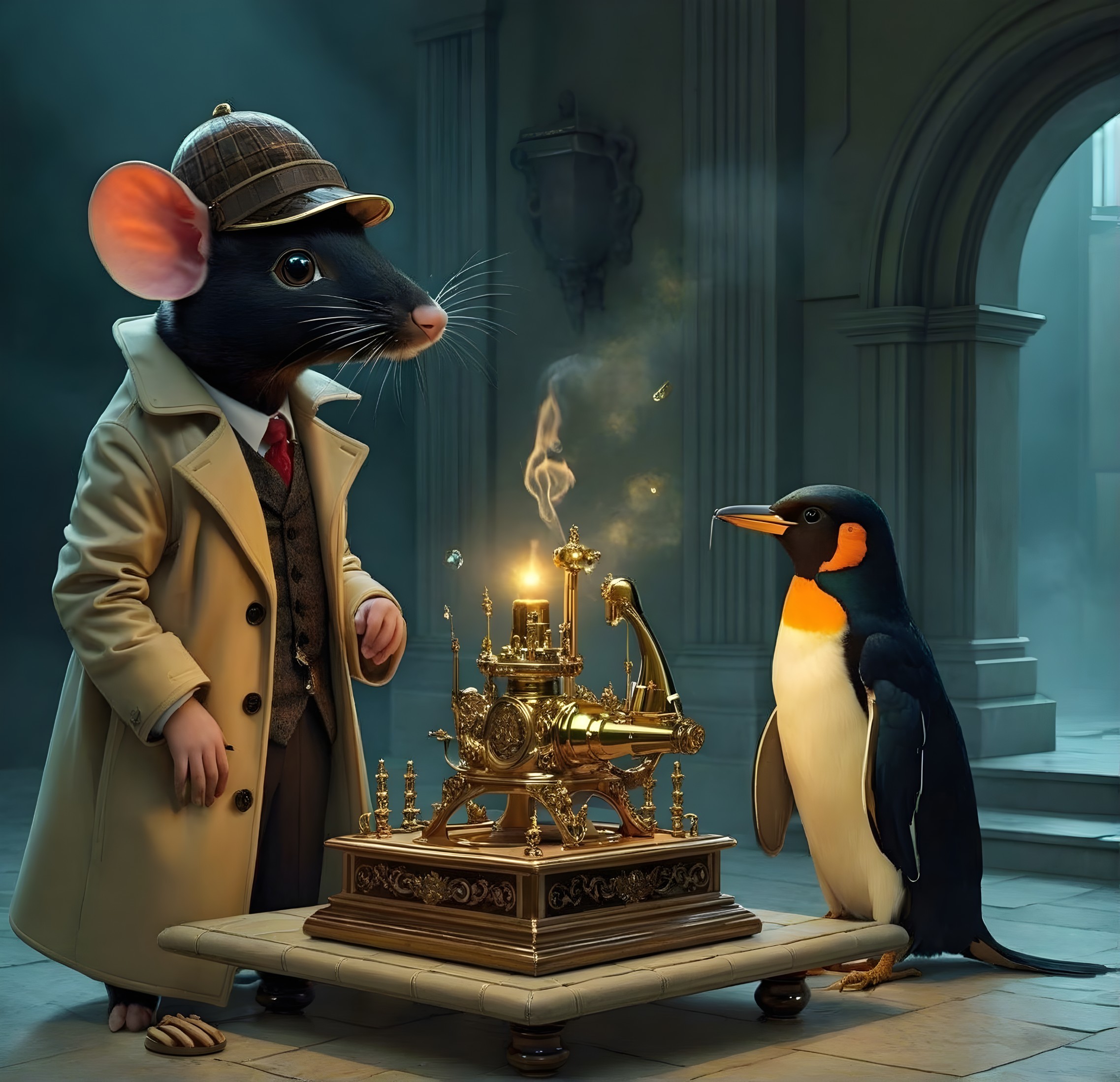 Detective Mouse and Penguin in Vintage Room Scene