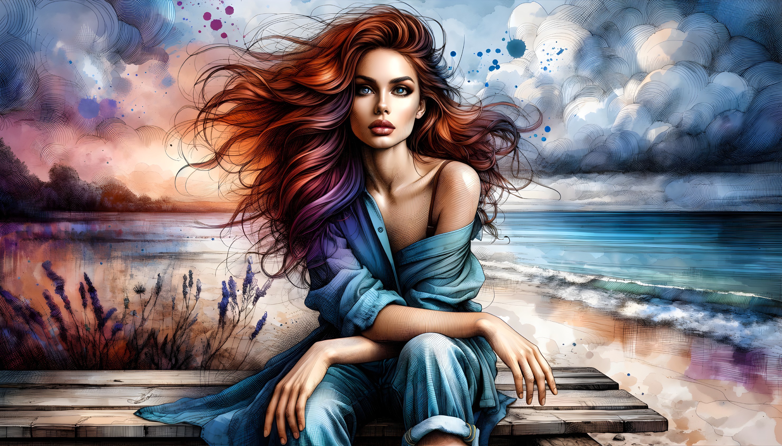 Stylized Portrait of Woman with Multicolored Hair