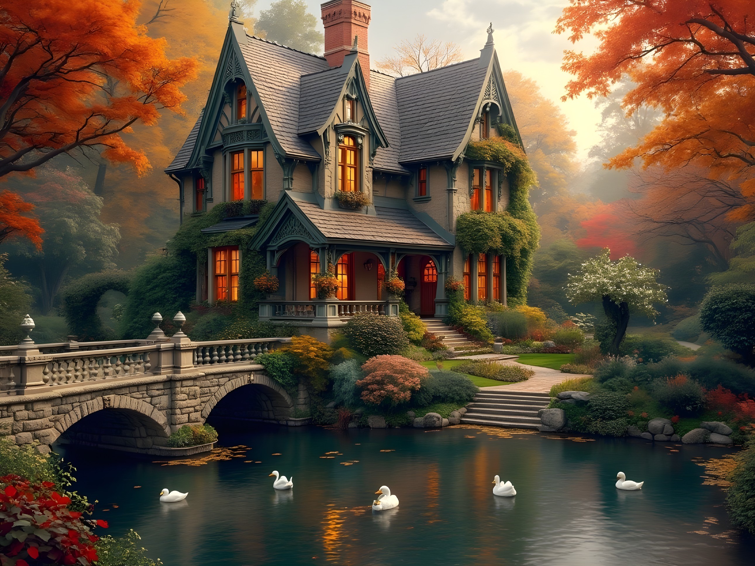 Victorian House Surrounded by Autumn Foliage and Pond