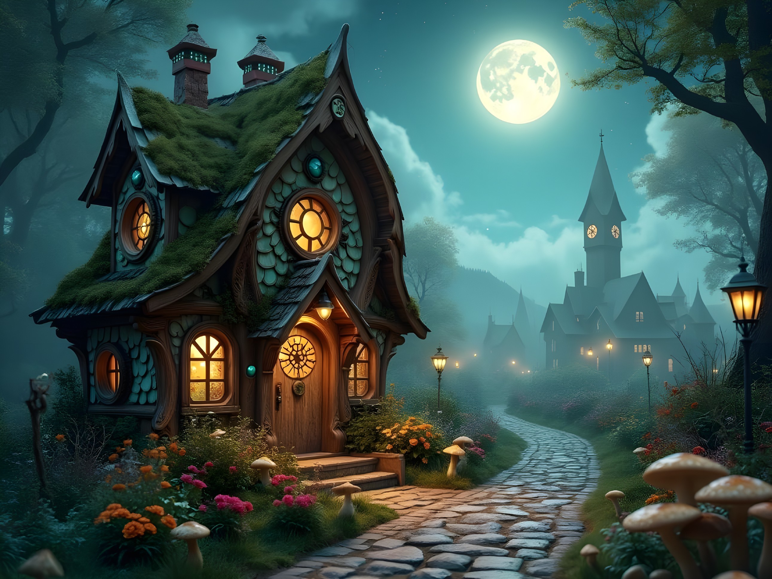 Whimsical Cottage Surrounded by Lush Nighttime Landscape