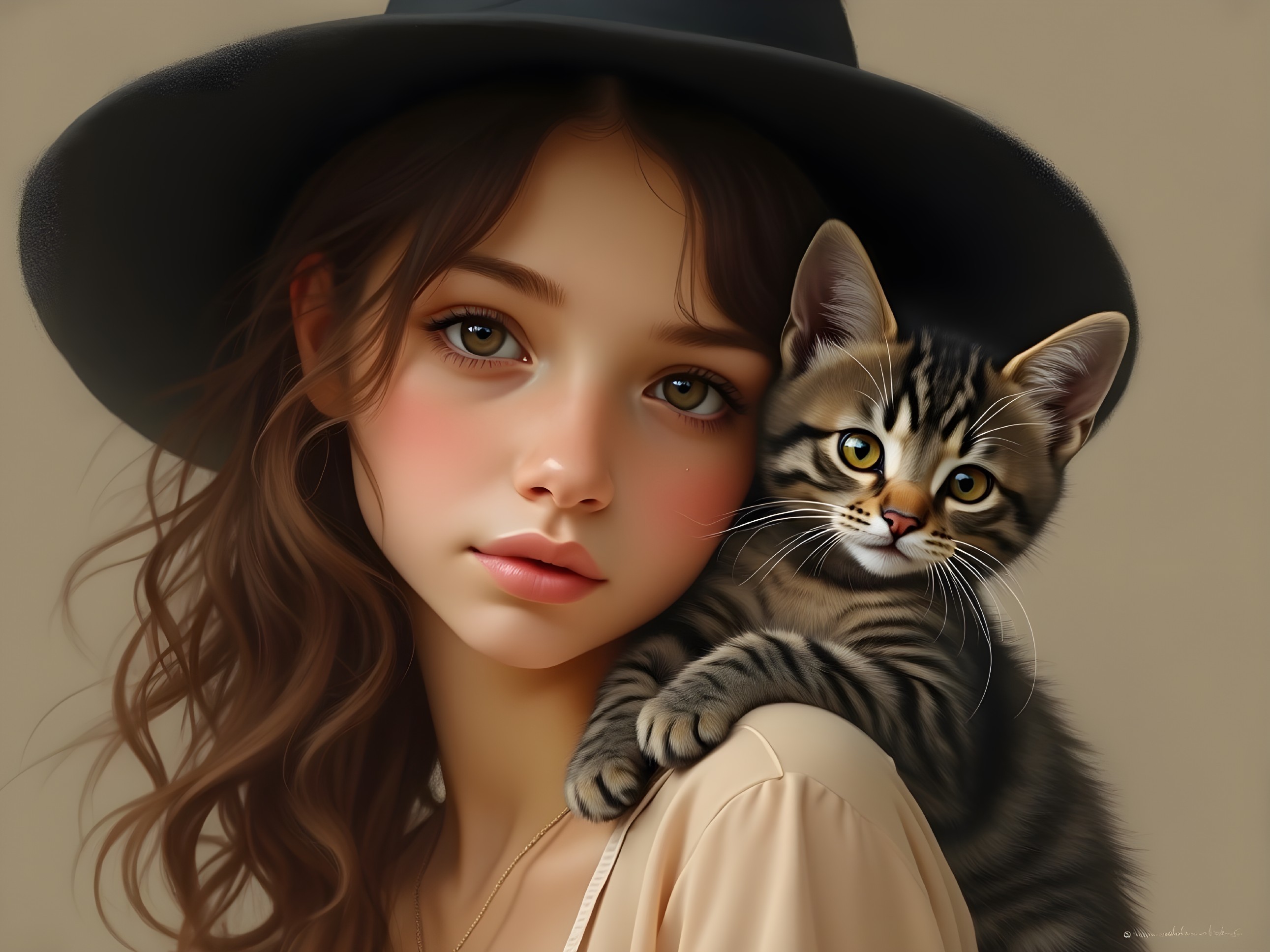 Young girl with kitten in a soft, blurred background