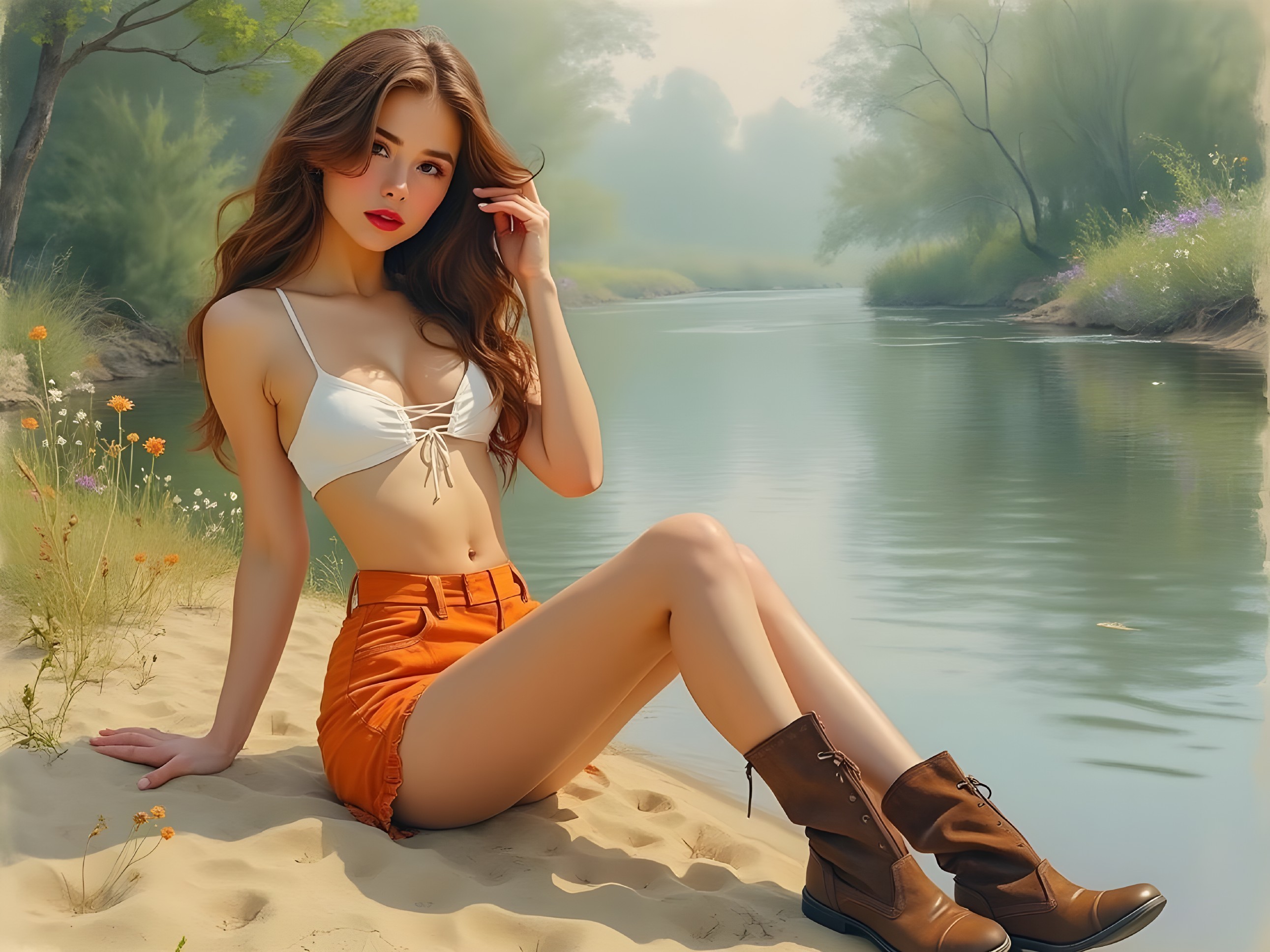 Young woman by serene riverbank in nature setting