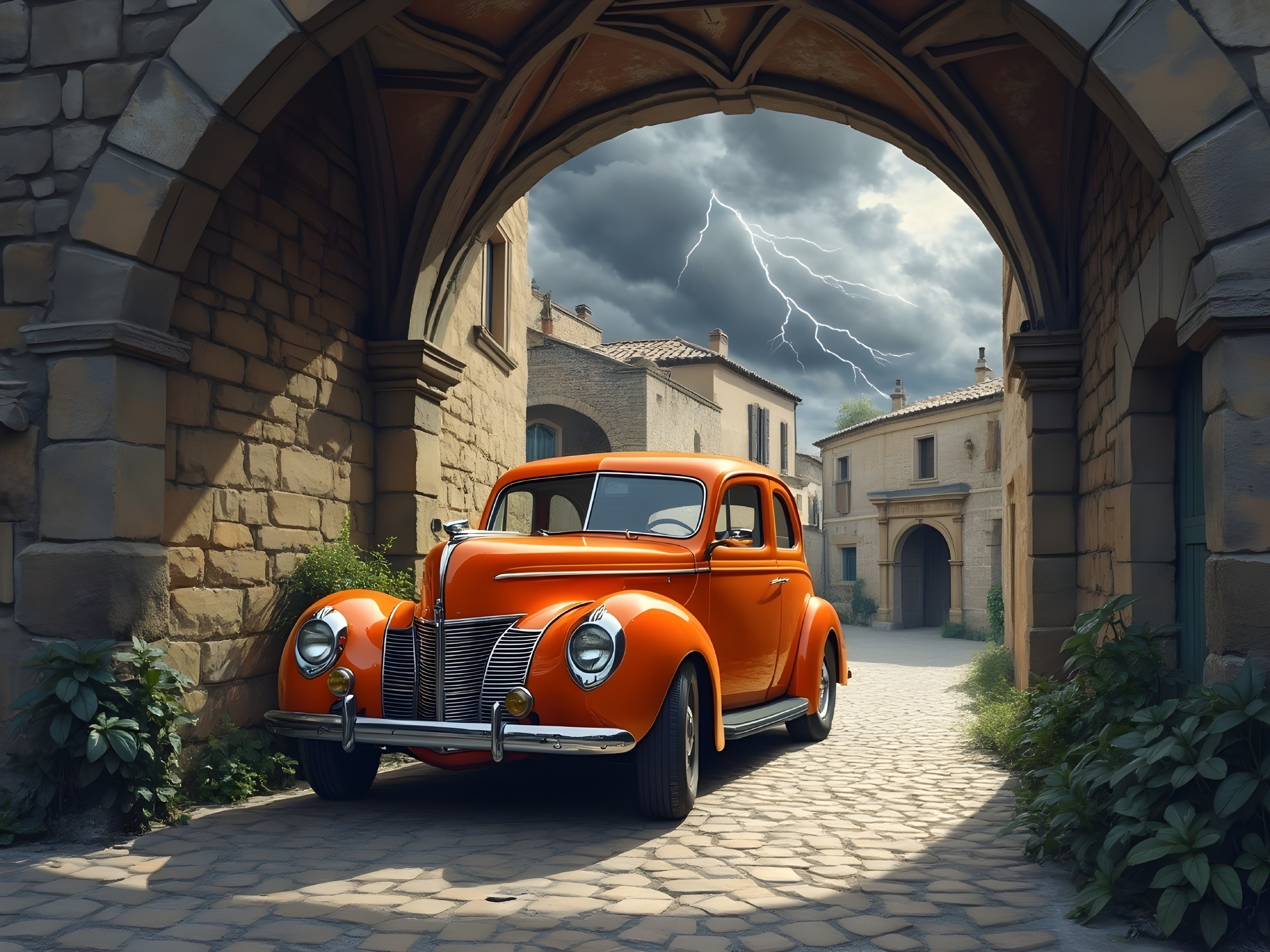 Orange Vintage Car Under Stone Archway in Village