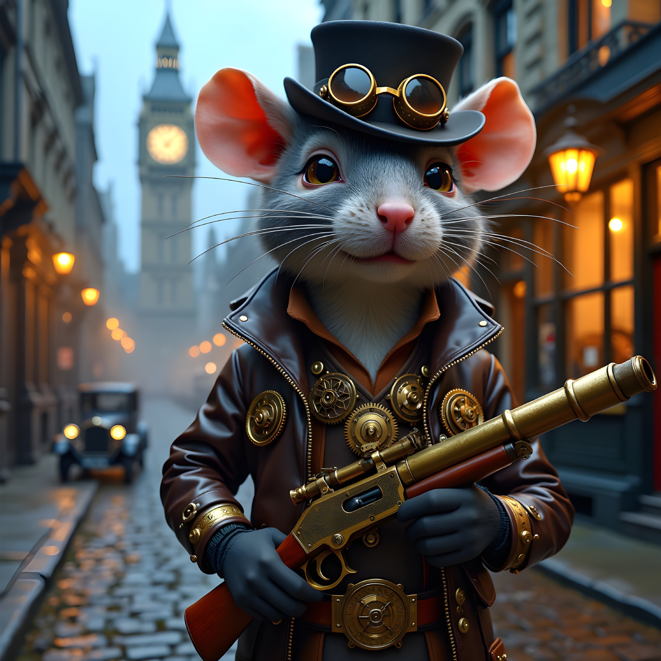 Steampunk Mouse Character in Vintage City Setting