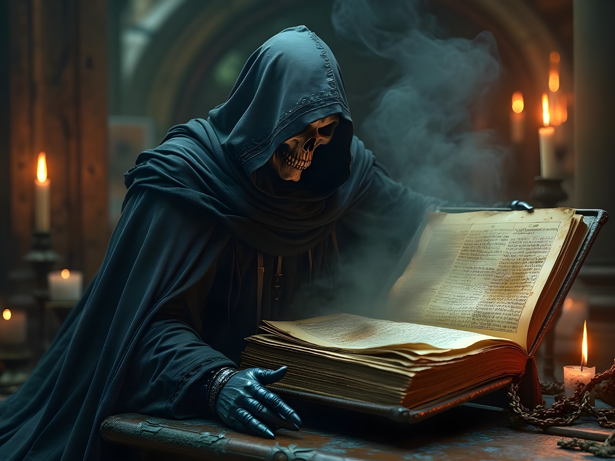Cloaked Figure Studying Ancient Tome in Dim Setting