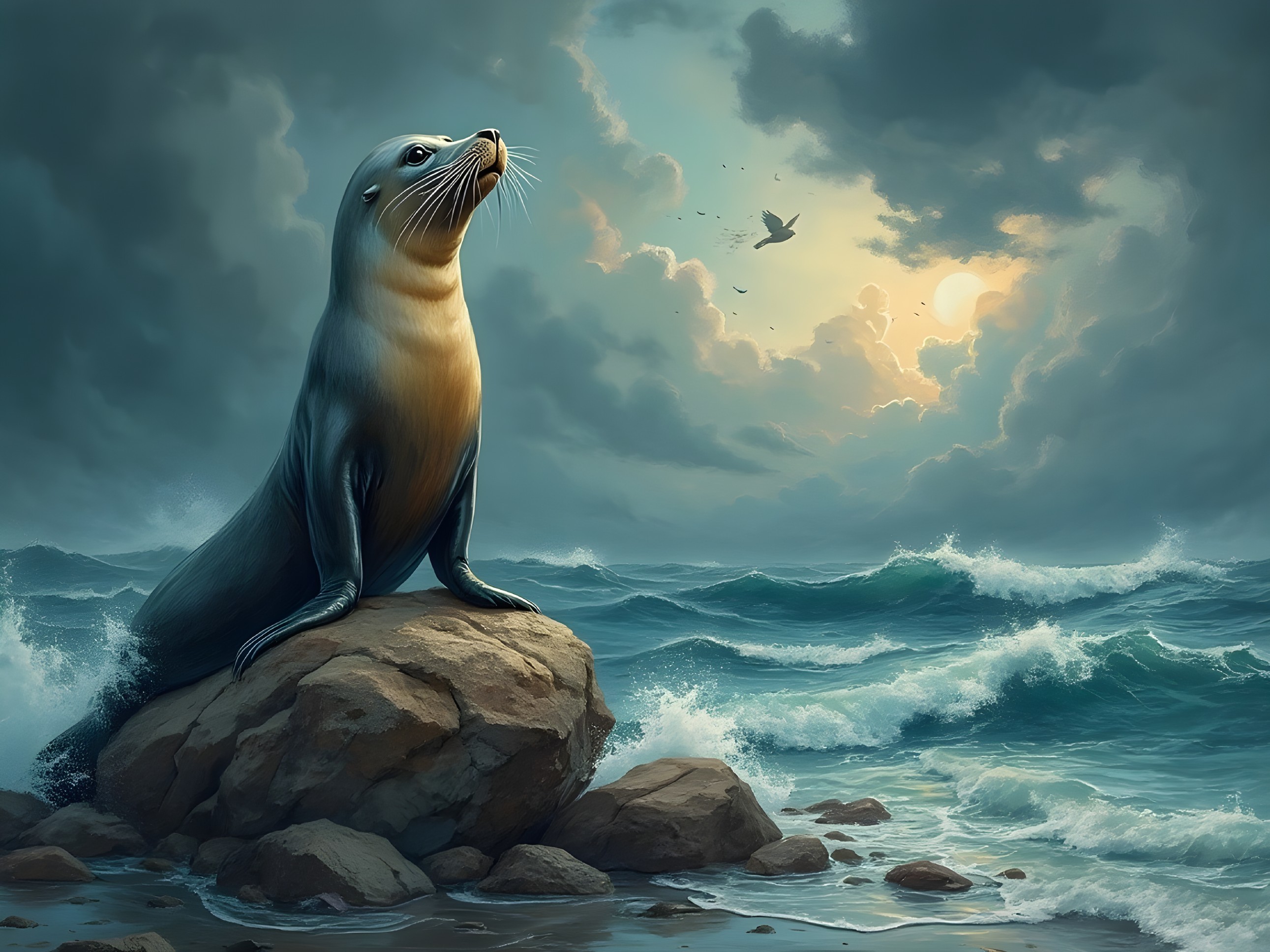Serene Seascape with Seal and Dramatic Sunset Clouds