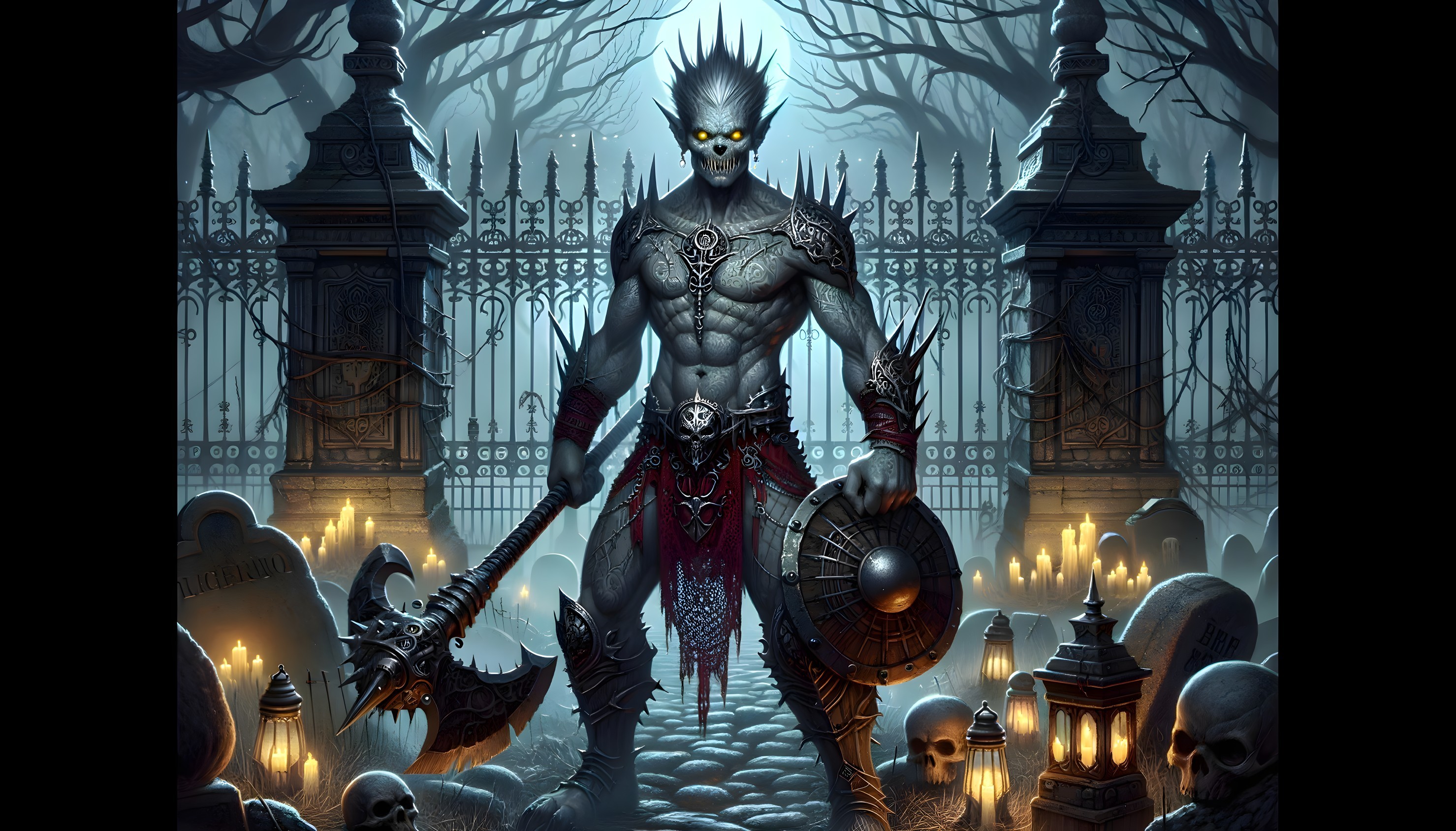 Muscular Figure in Misty Graveyard with Axe and Shield