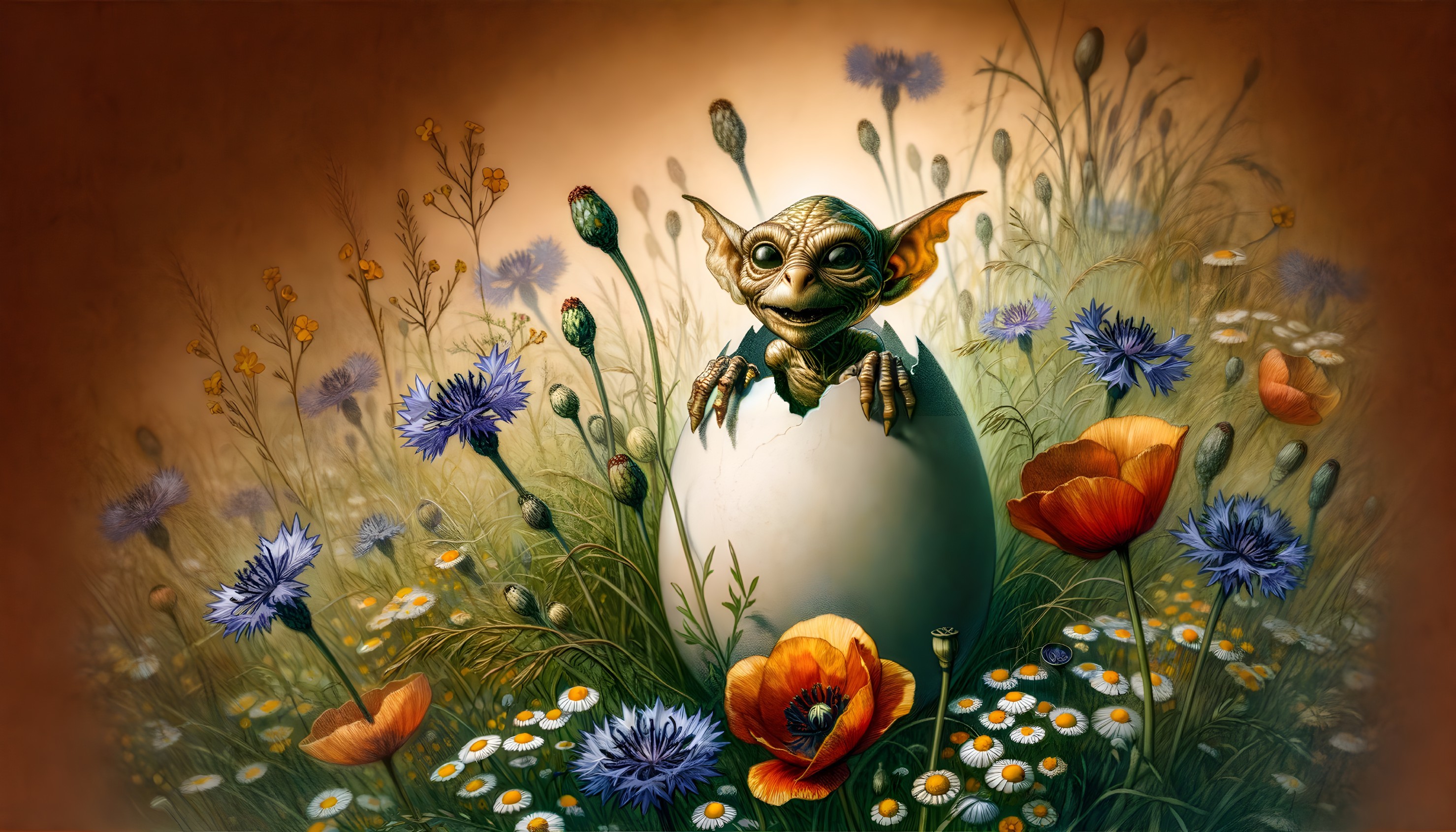 Whimsical Creature Emerging from a Cracked Egg in Flowers