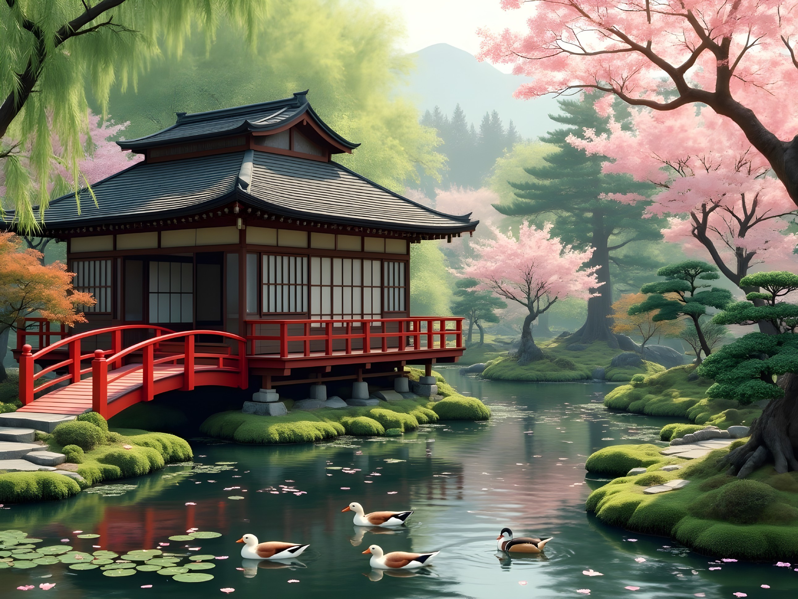 Japanese Garden with Pavilion and Cherry Blossoms