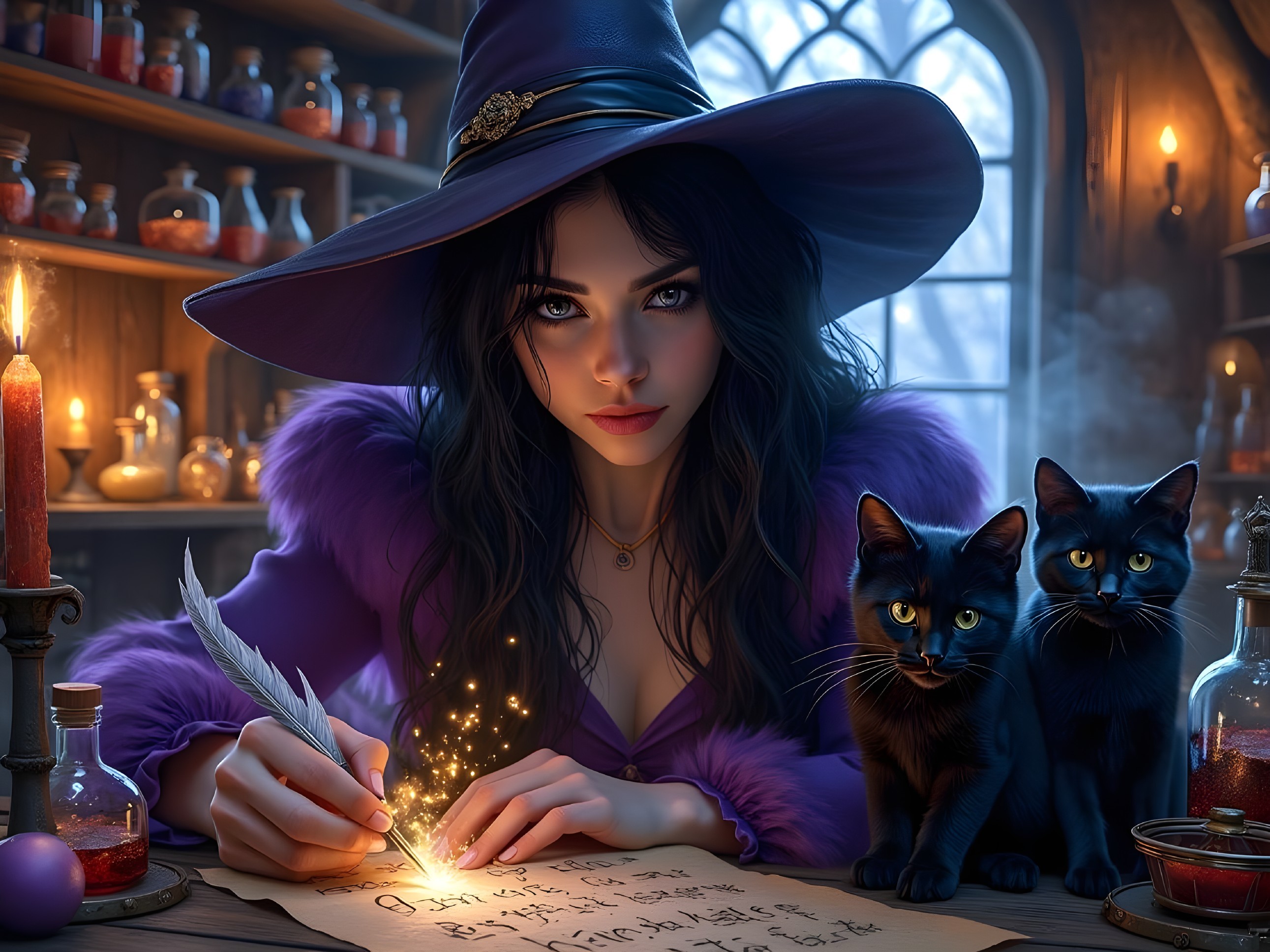Young witch writing in a mystical, potion-filled room