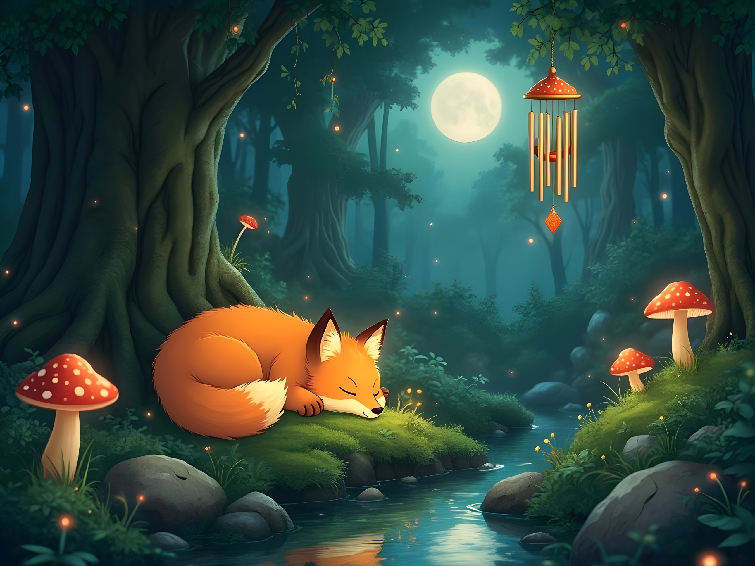 Serene Forest Scene with Fox and Moonlit Stream