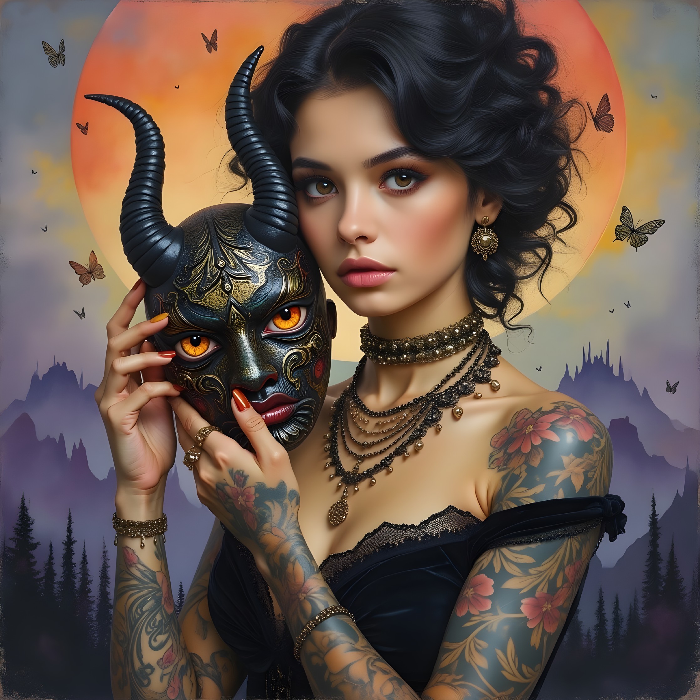 Woman with Tattoos and Mask Against Mountain Backdrop