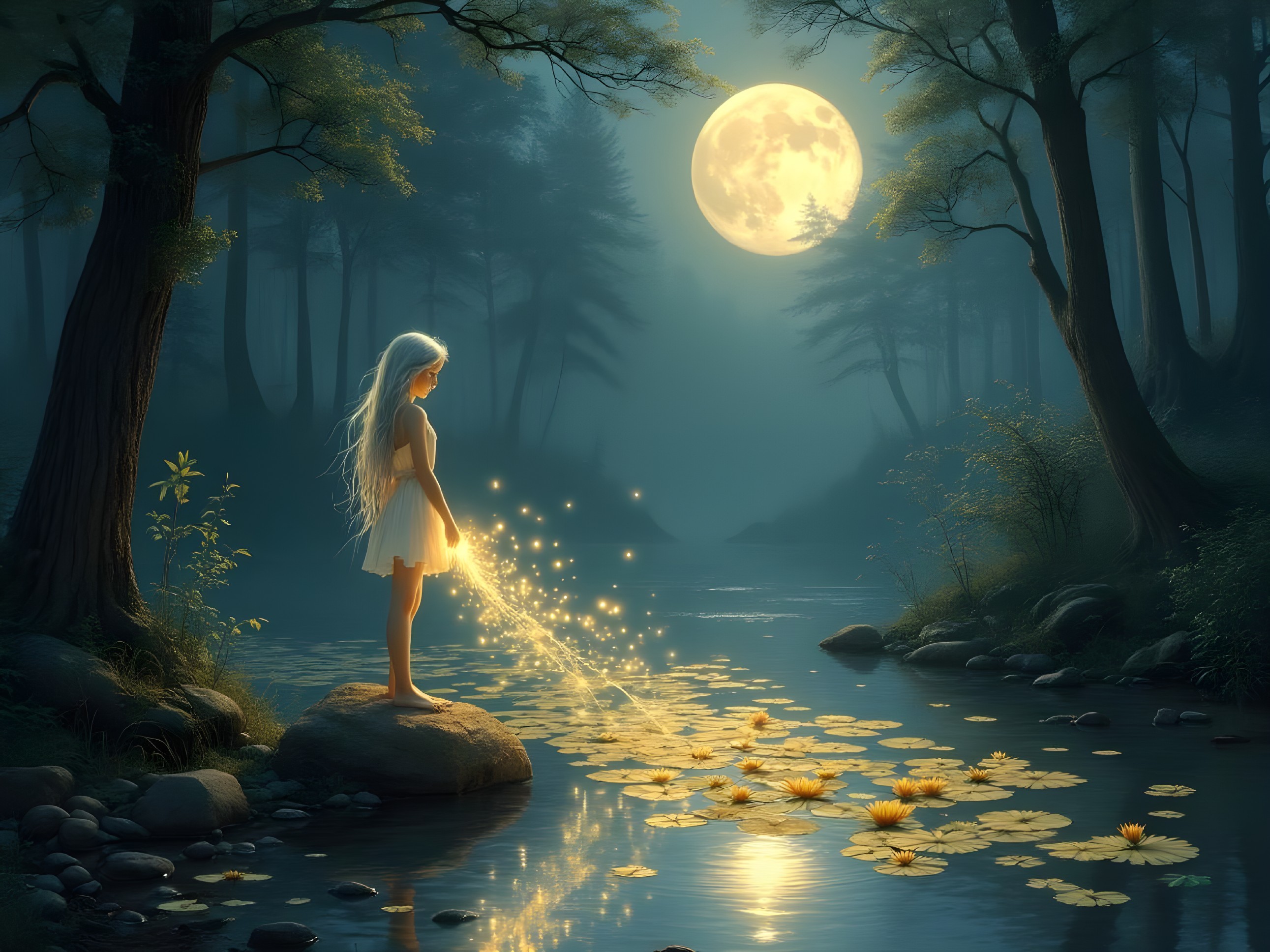 Twilight Scene of a Girl by a Tranquil River