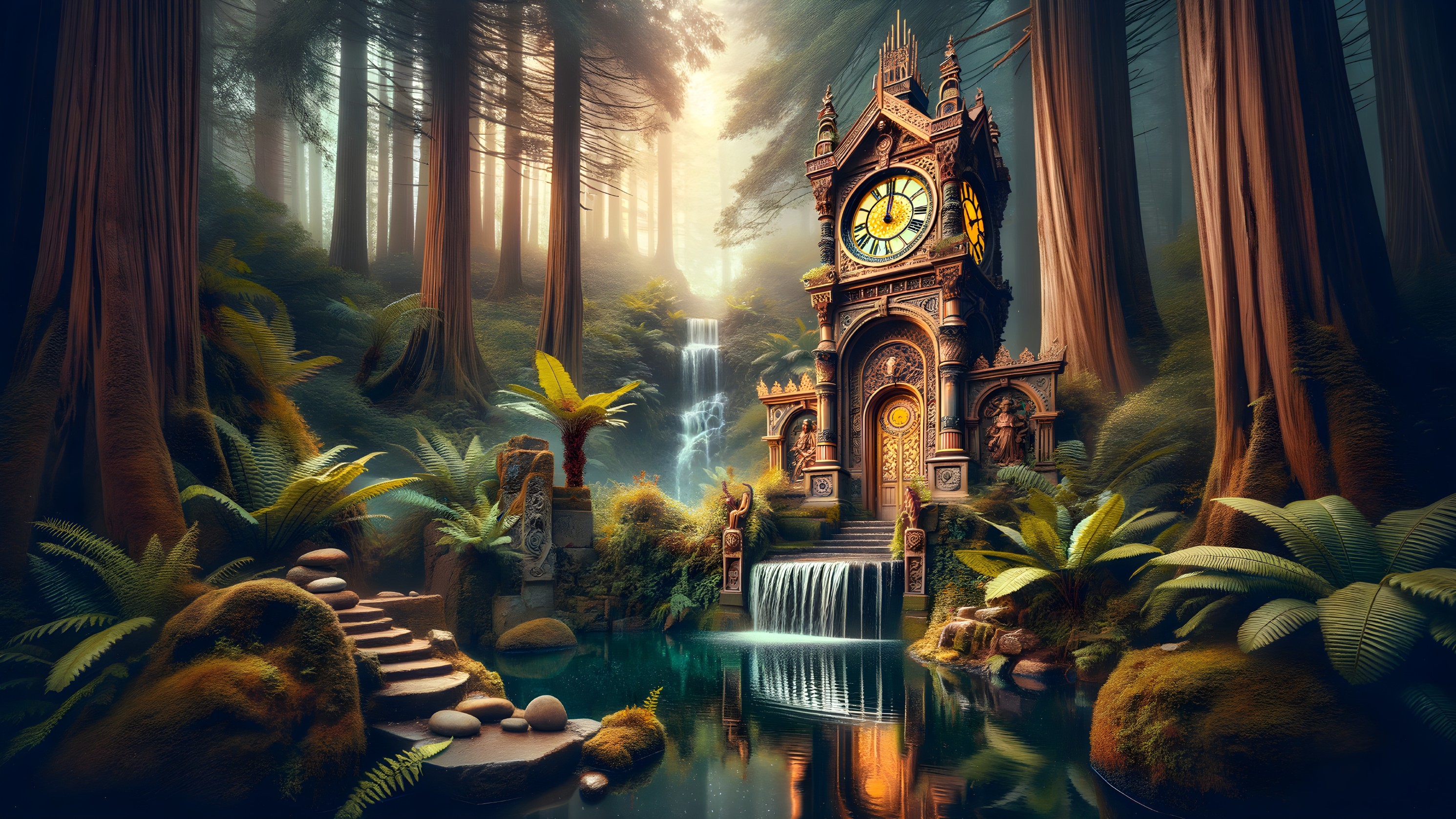 Whimsical Clock Tower in a Lush Forest Setting