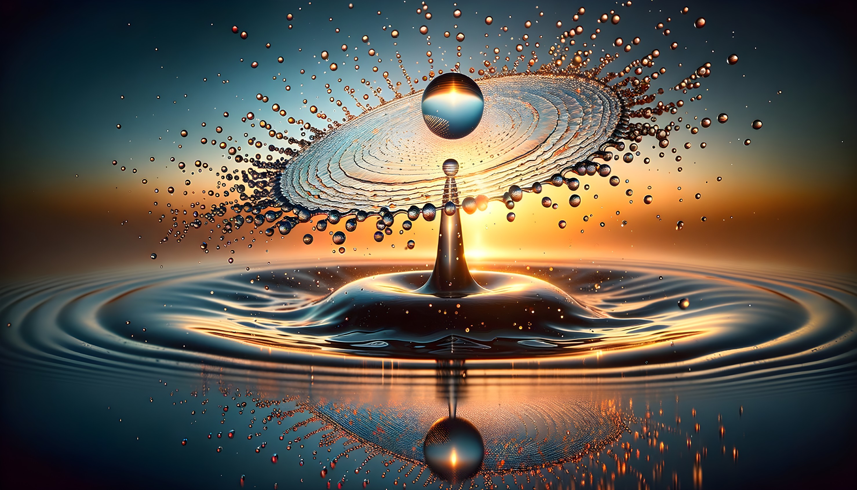 Water Droplet Splashing in Sunset Reflection