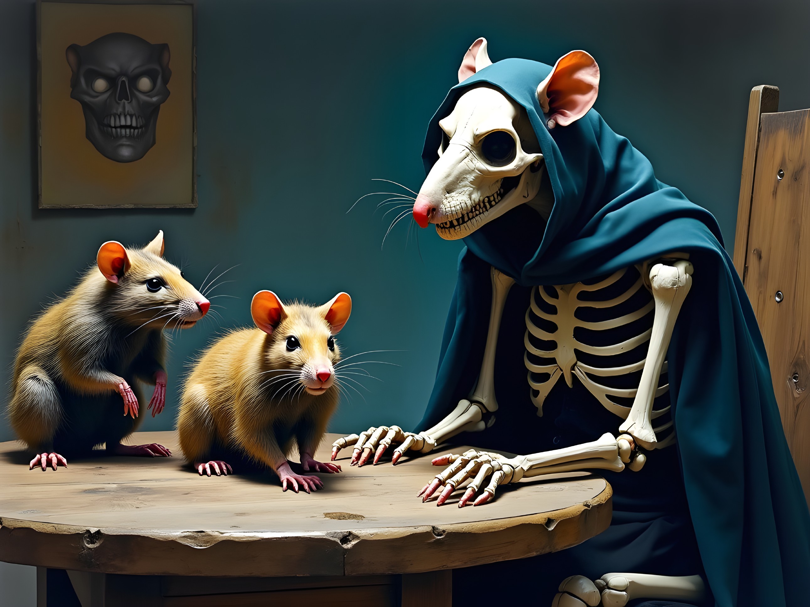 Skeletal Figure and Rats in Eerie Room Setting