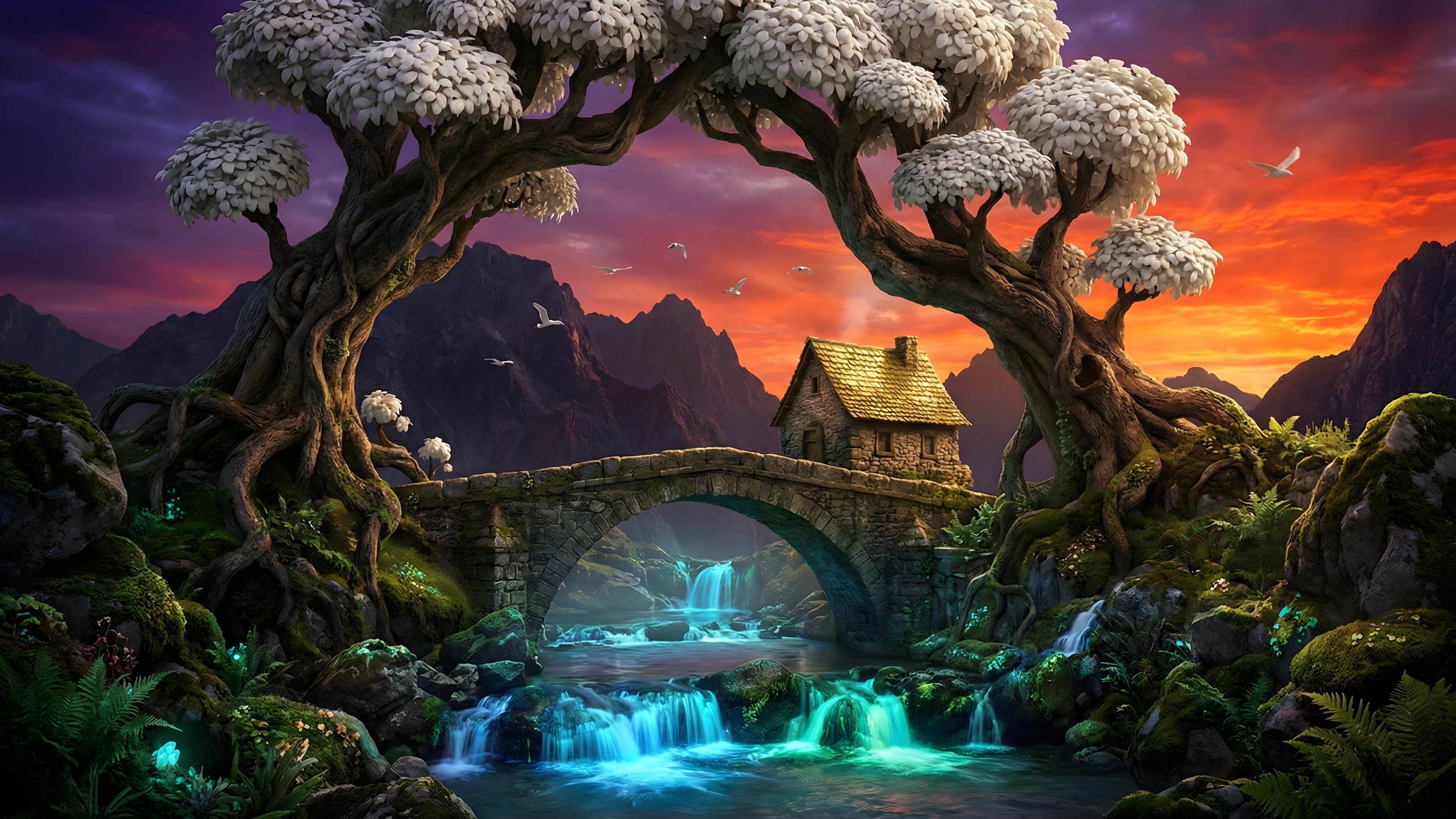 Ancient Trees and Stone Cottage in Twilight Landscape