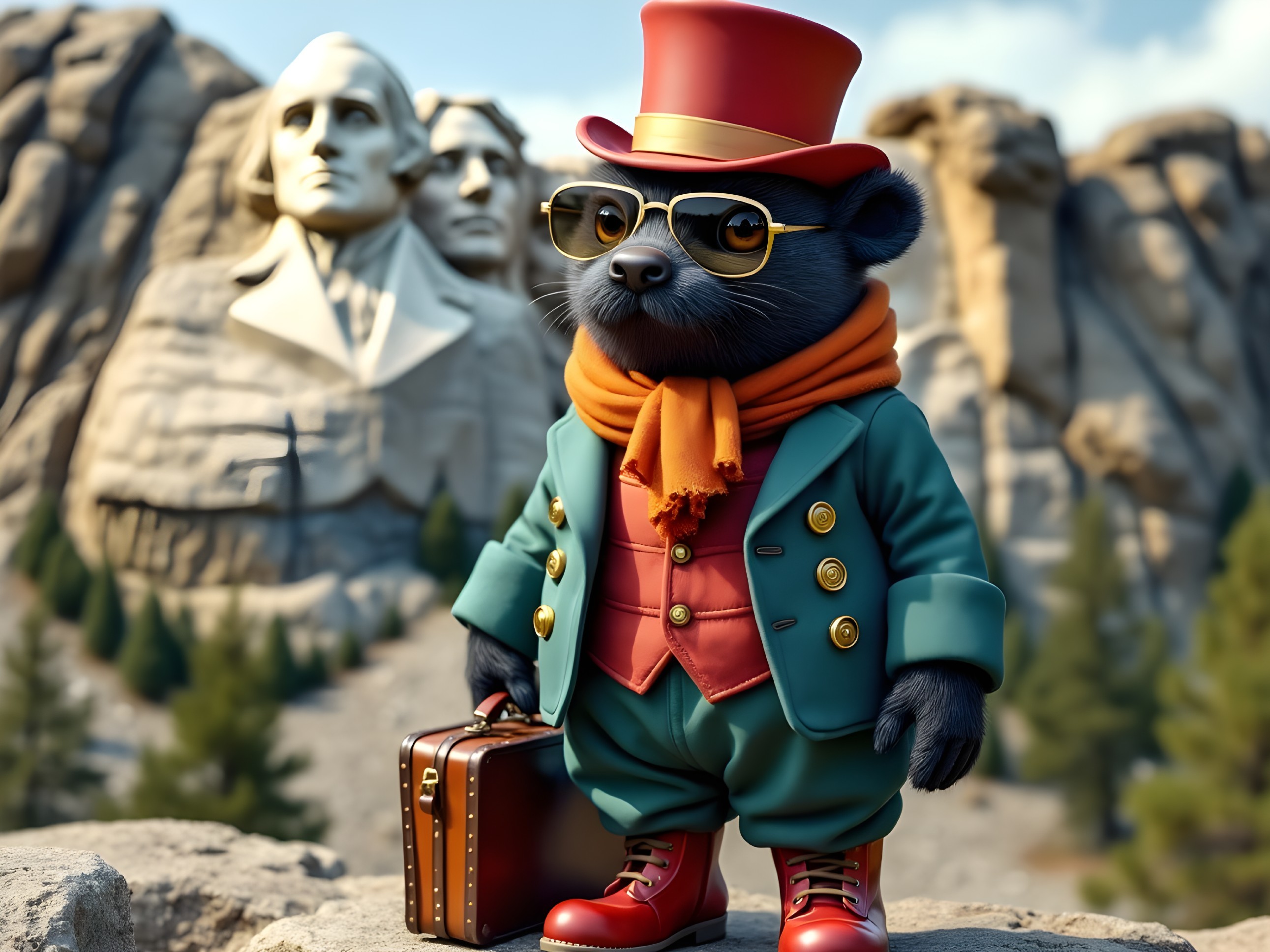 Raccoon in Stylish Outfit at Mount Rushmore