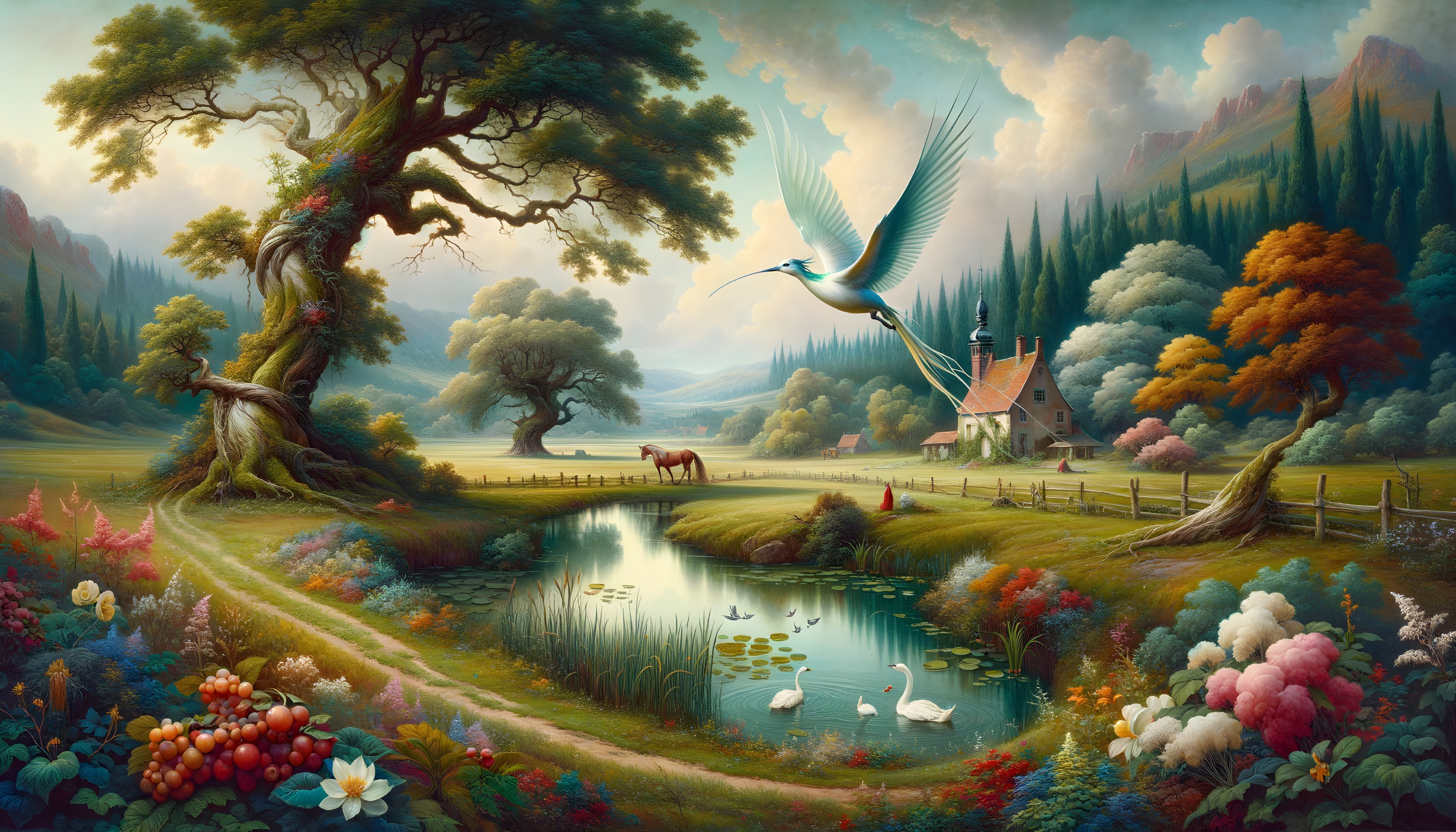 Serene Landscape with Pond, Swans, and Mountains