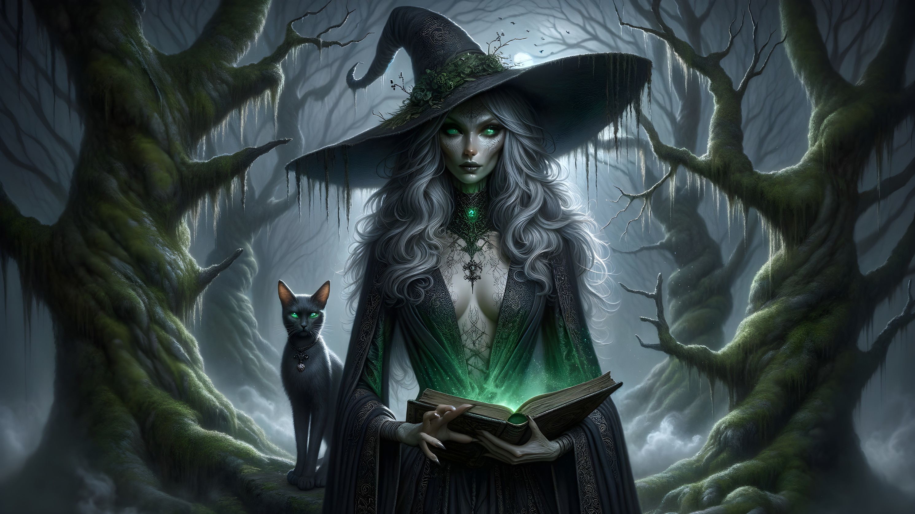 Witch in Mystical Forest with Glowing Book and Cat